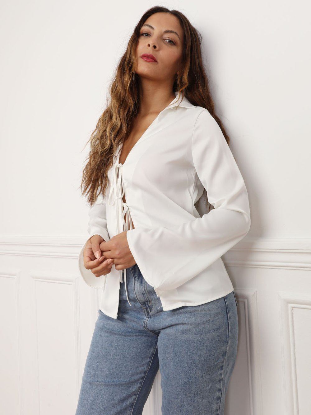 White satin tie-front blouse