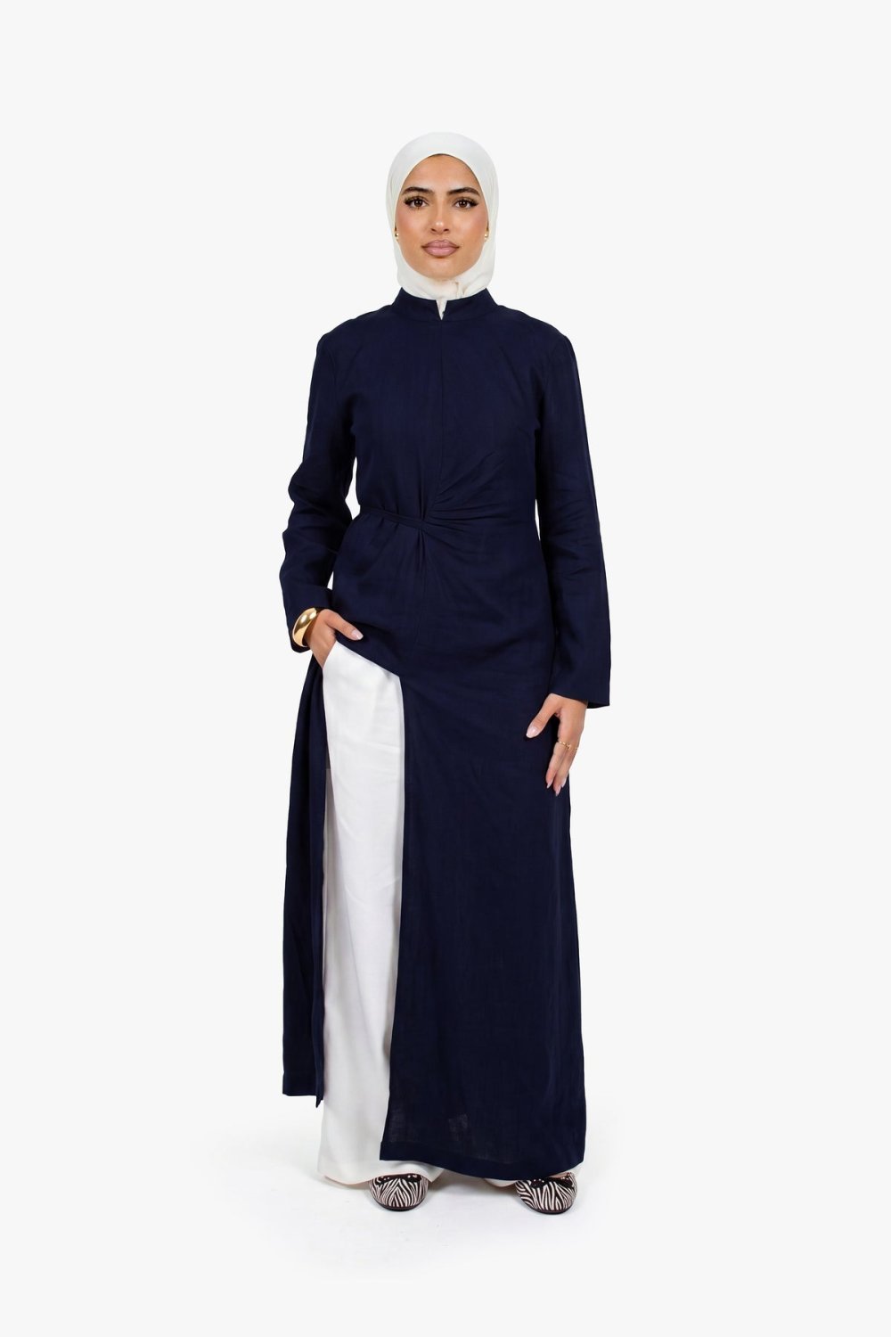 Robe longue fendue en lin et coton - Bleu marine