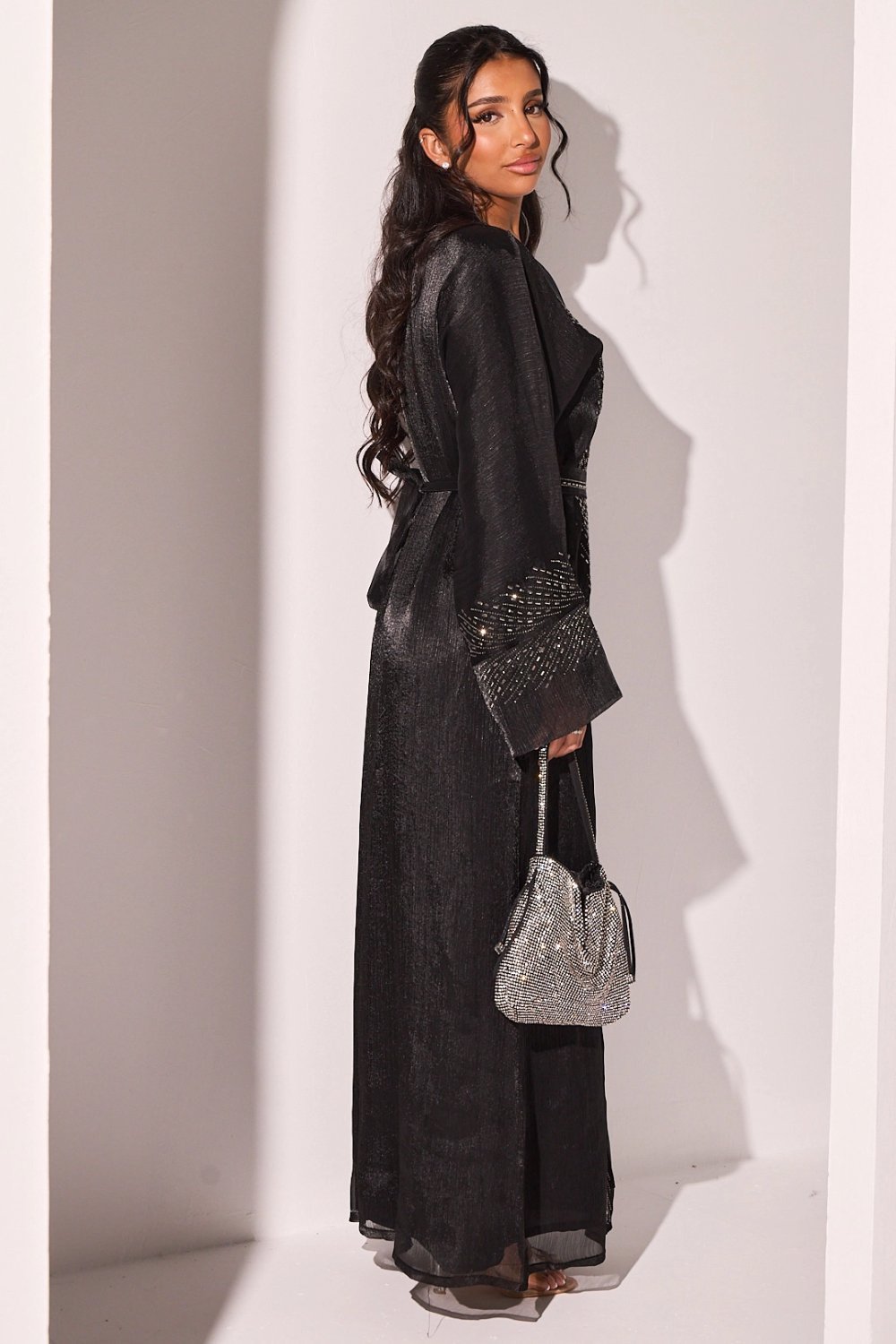 Black abaya and sheer kimono set with rhinestones