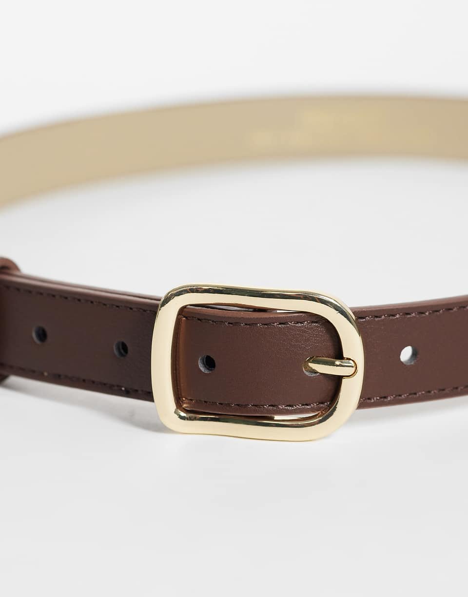 Leather-look belt with gold tone buckle in brown