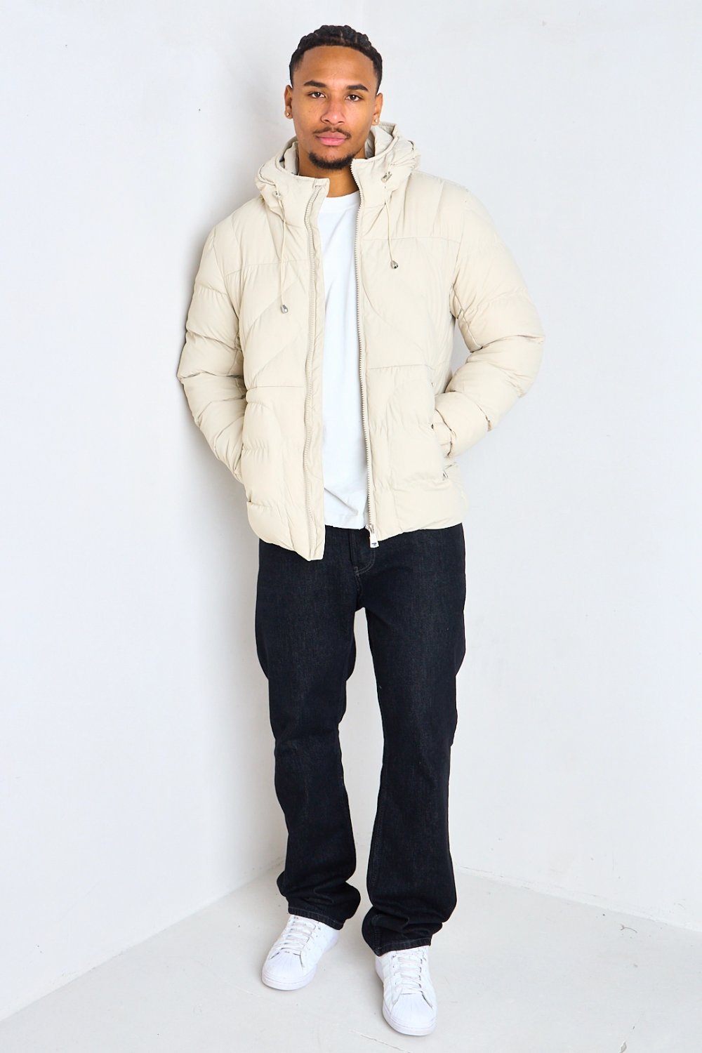 Beige quilted hooded puffer jacket