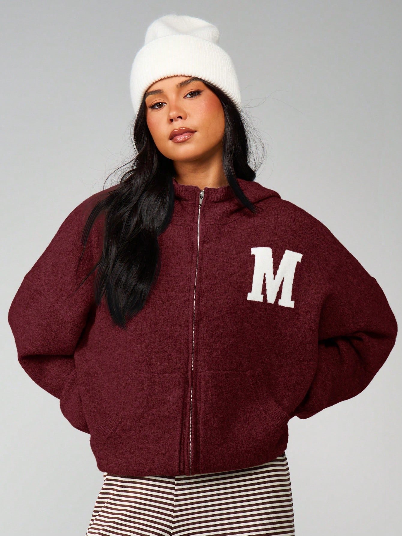 Sweat À Capuche Universitaire Zippé En Maille Avec Lettre