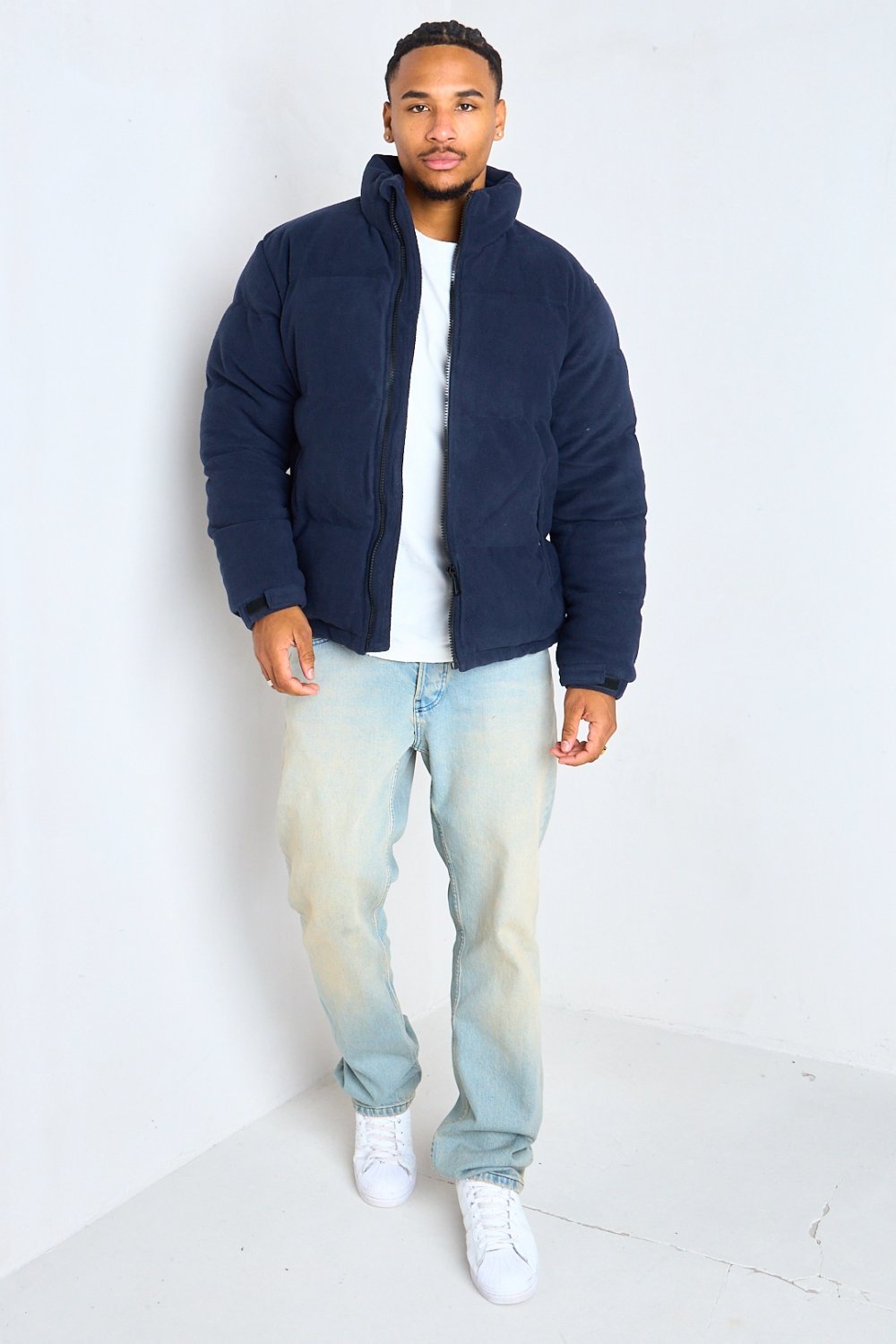 Navy puffer jacket with high neck