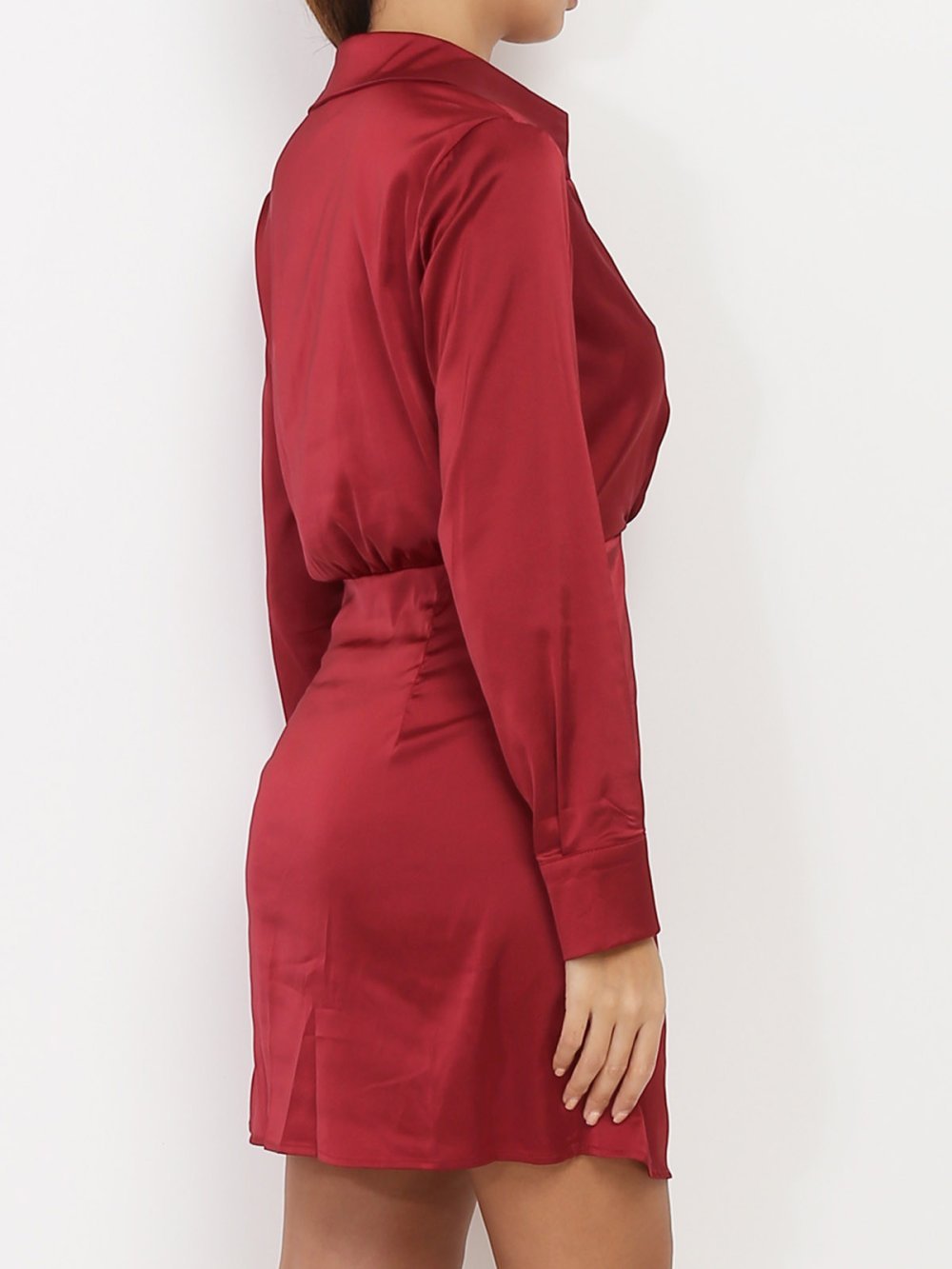 Burgundy satin wrap mini dress with buttons