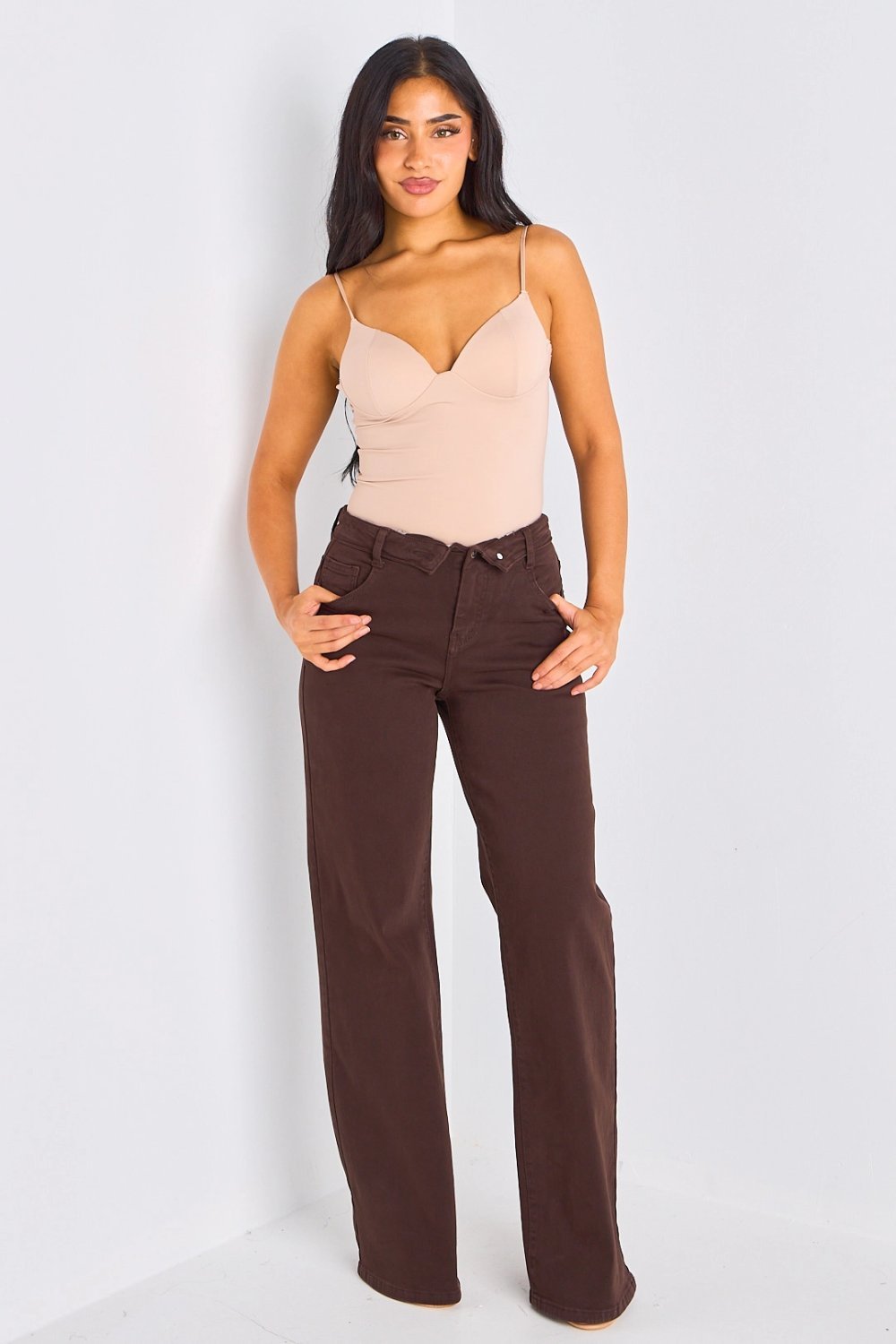 Brown turn-up flared jeans with double fastening