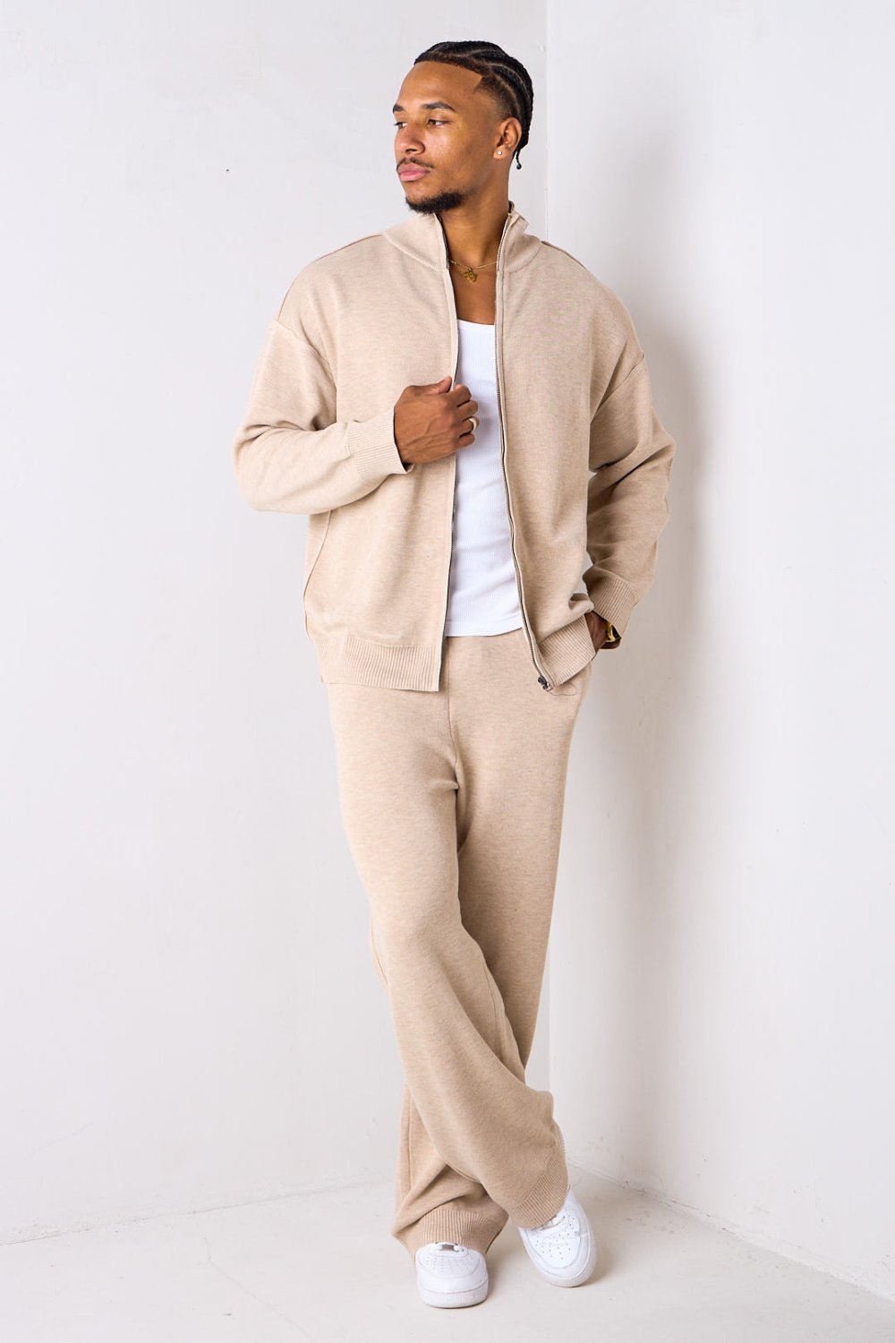 Beige knit zip cardigan and joggers set