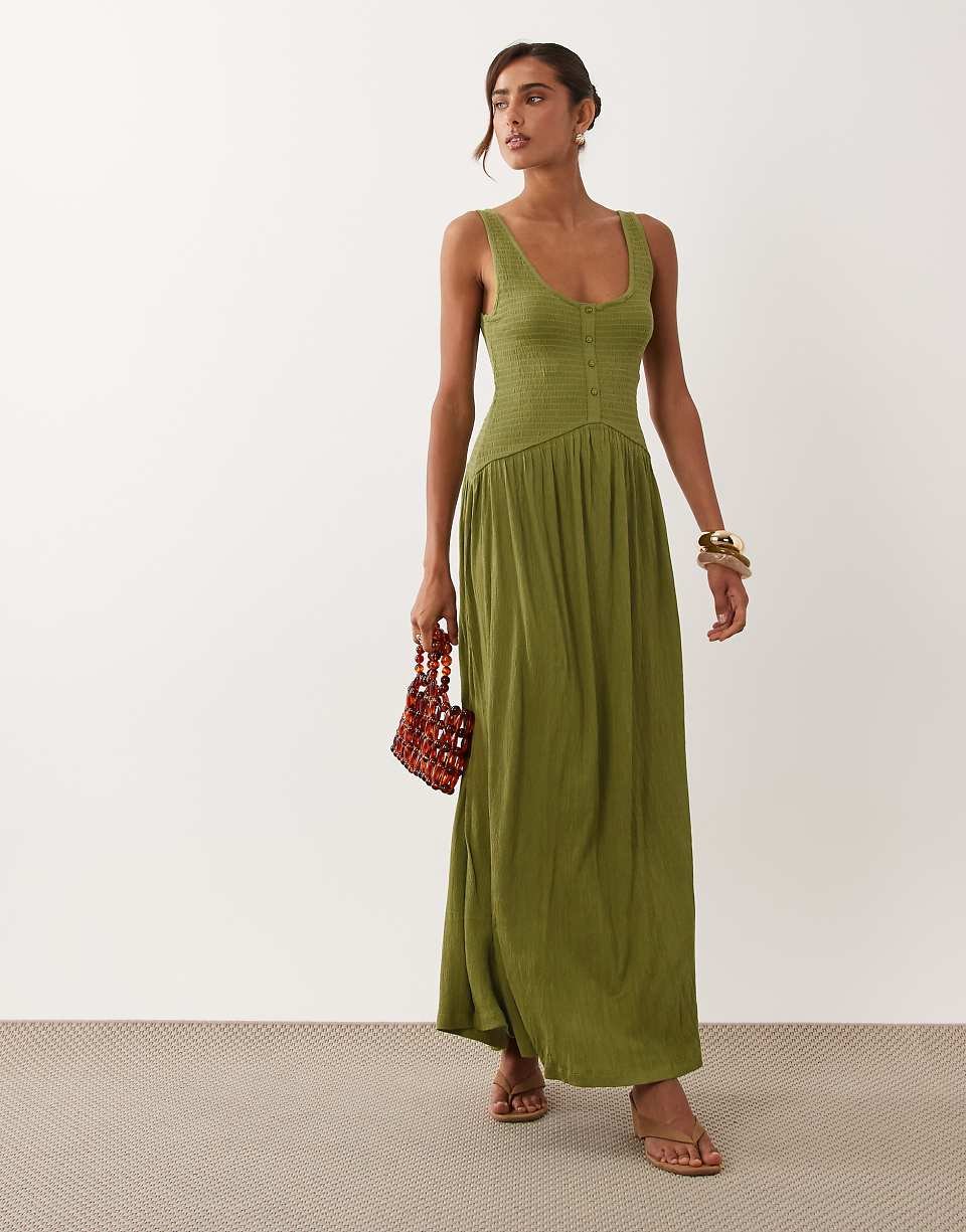 Robe boutonnée mi-longue effet froissé - Olive