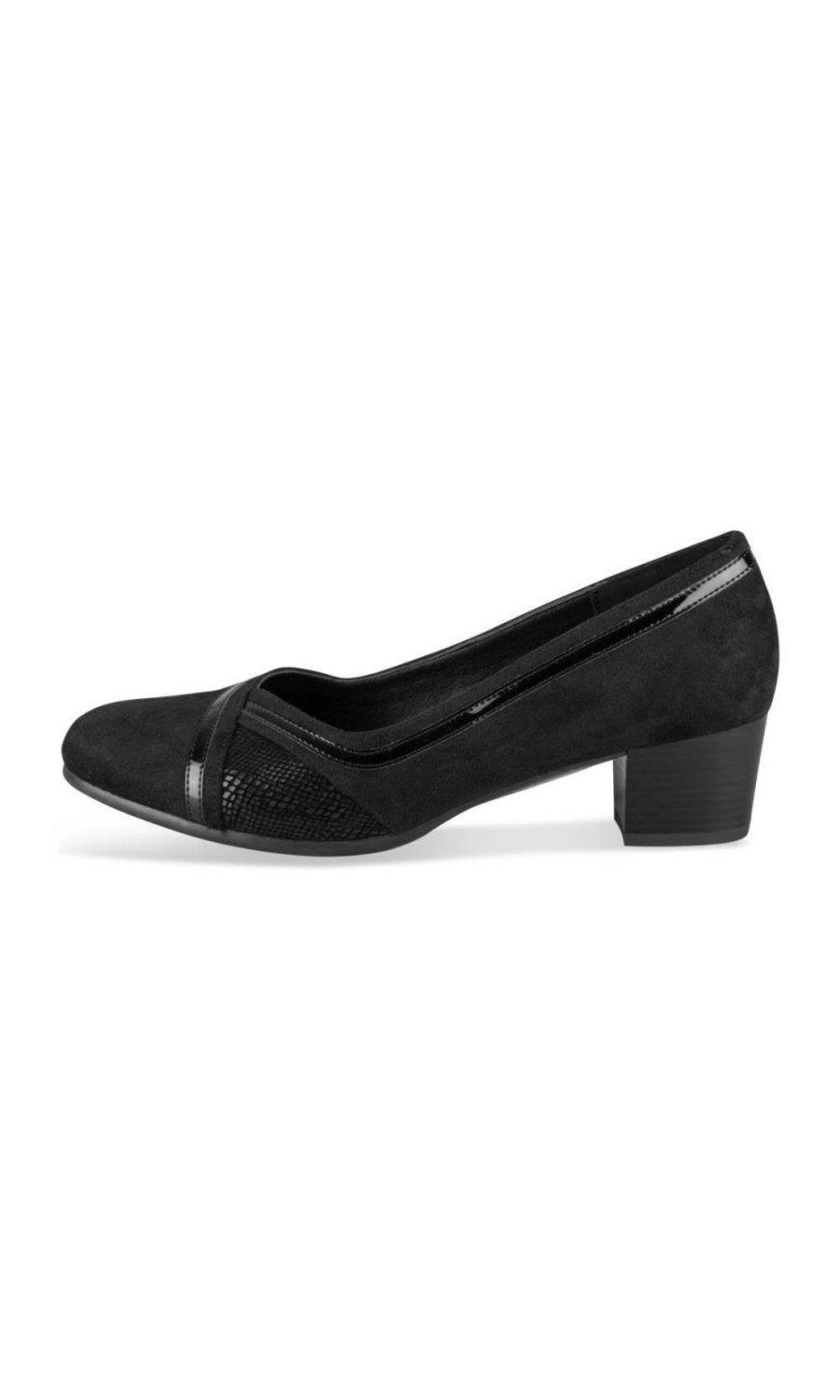 Black faux suede pumps with patent trims