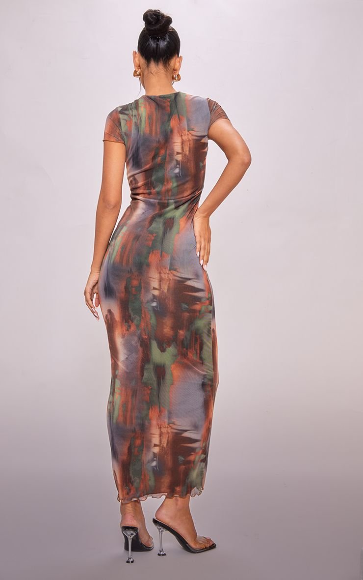 Robe Maxi En Mesh À Imprimé Abstrait Avec Ourlet Plissé