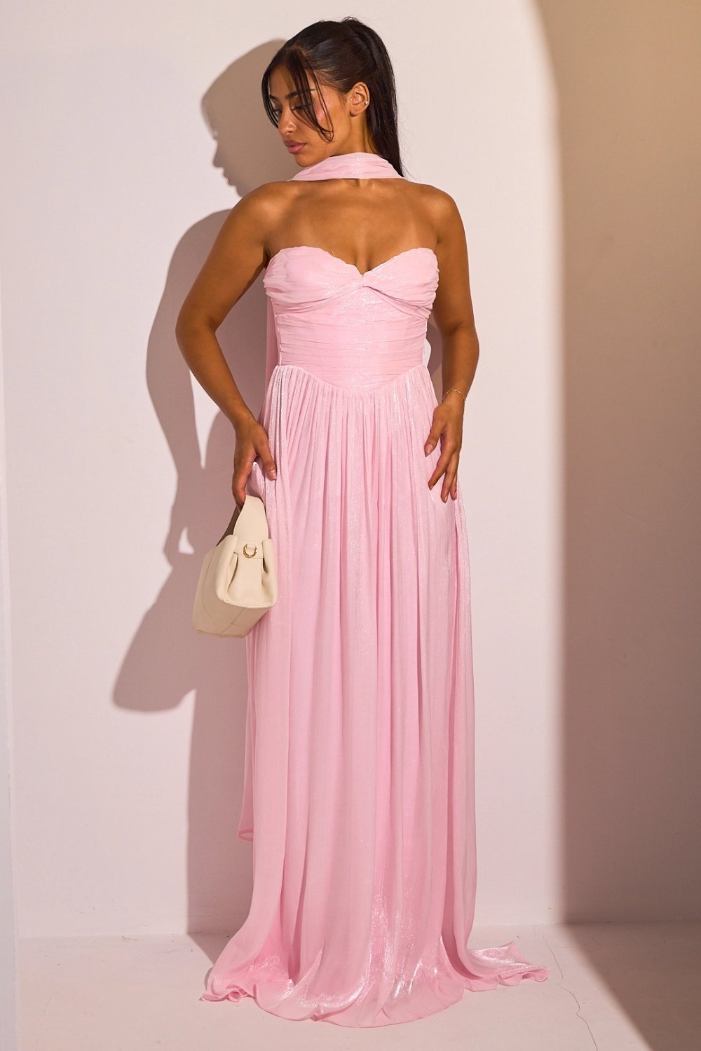 Draped satin strapless maxi dress with stole, pink