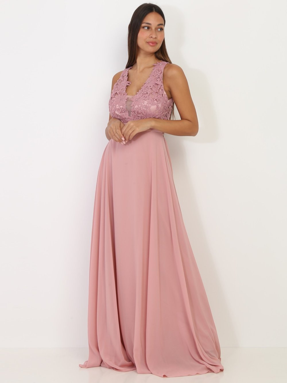 Dusty pink embroidered beaded tulle maxi dress