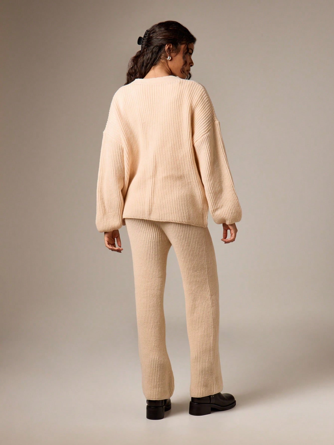 Ribbed cardigan and flared trousers set