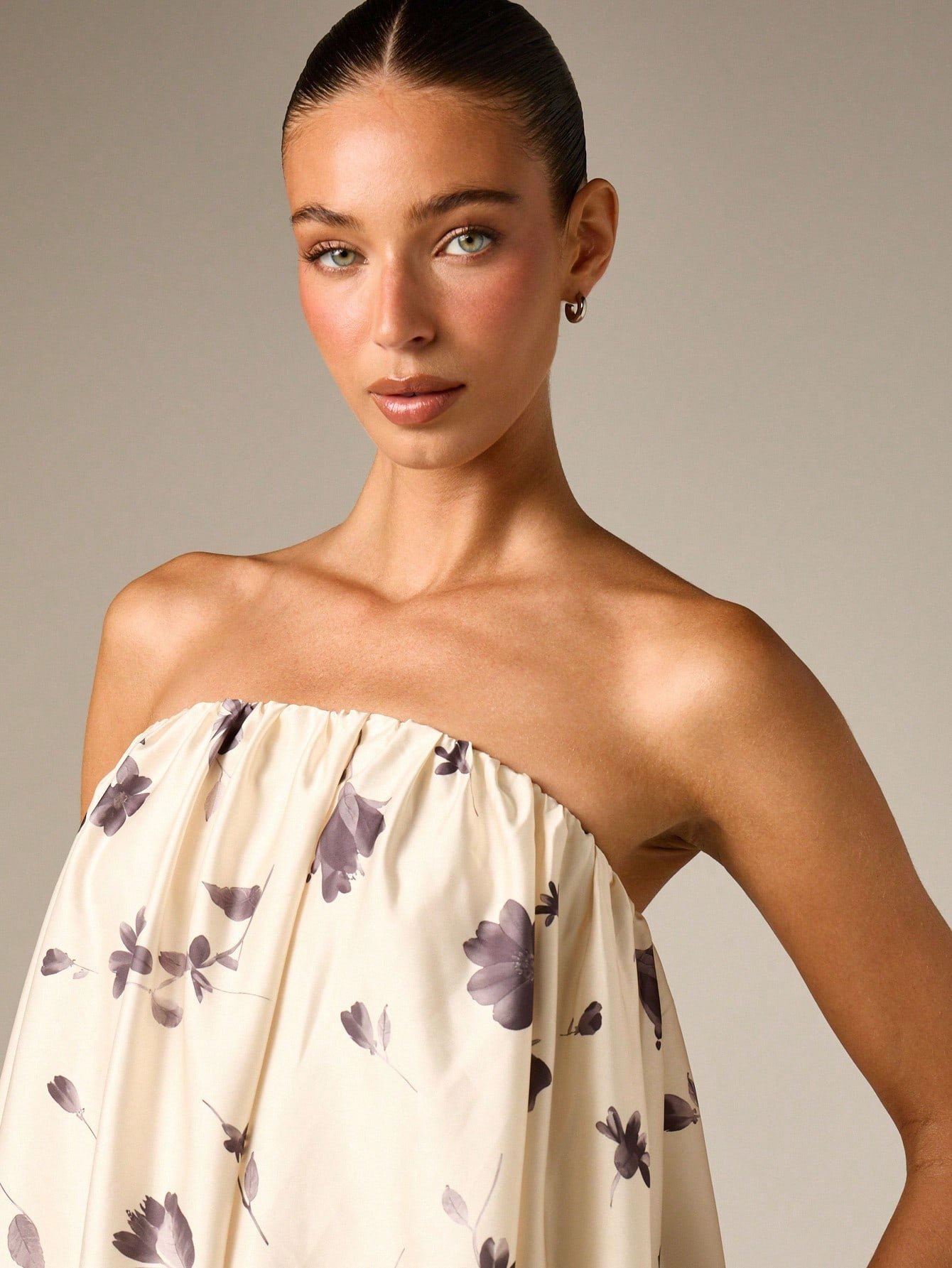 Strapless Bubble Mini Dress With Floral Print And Black Satin Rosette