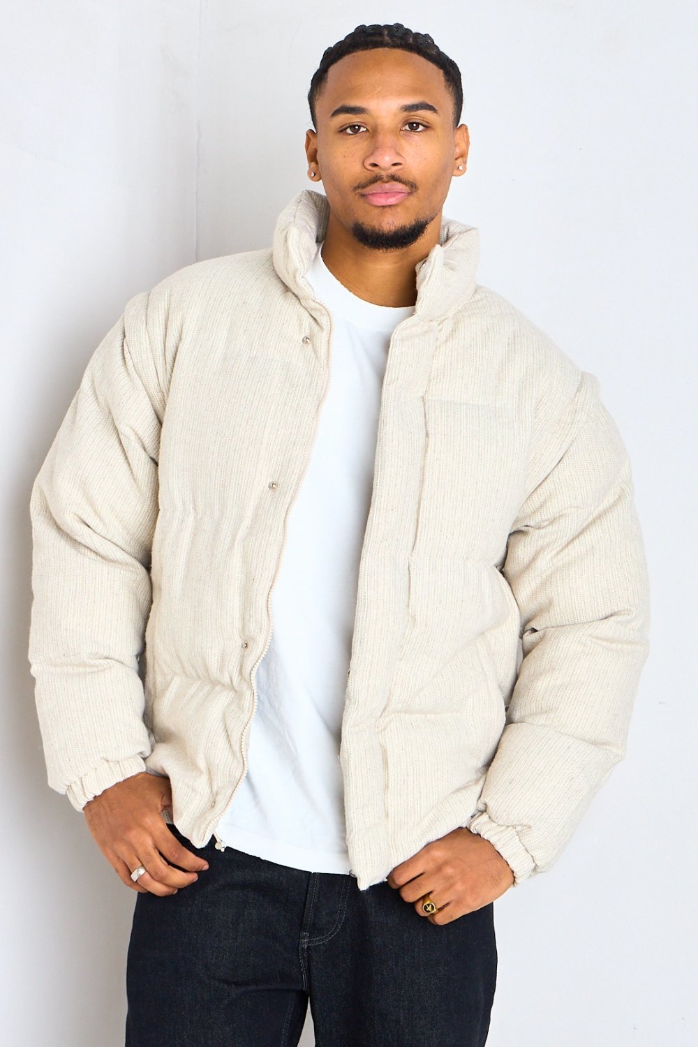 Beige striped padded jacket with high neck