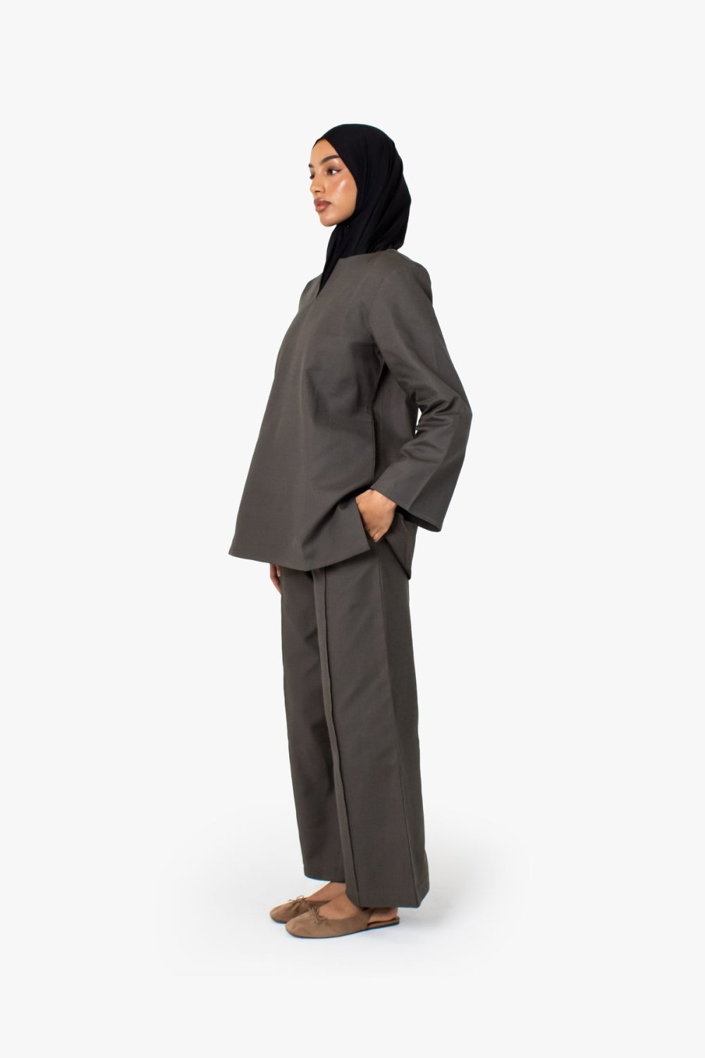 Pantalon large en coton à pli marqué - Taupe foncé