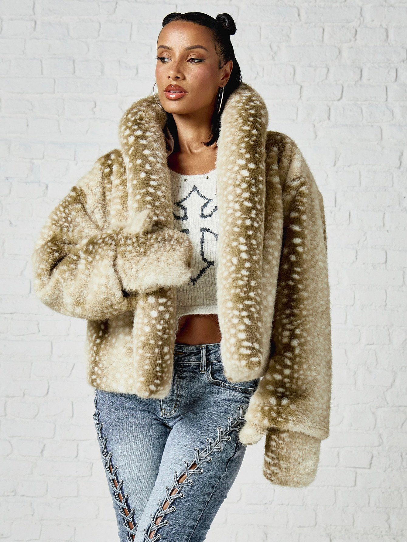Veste en fausse fourrure à col imprimé animal
