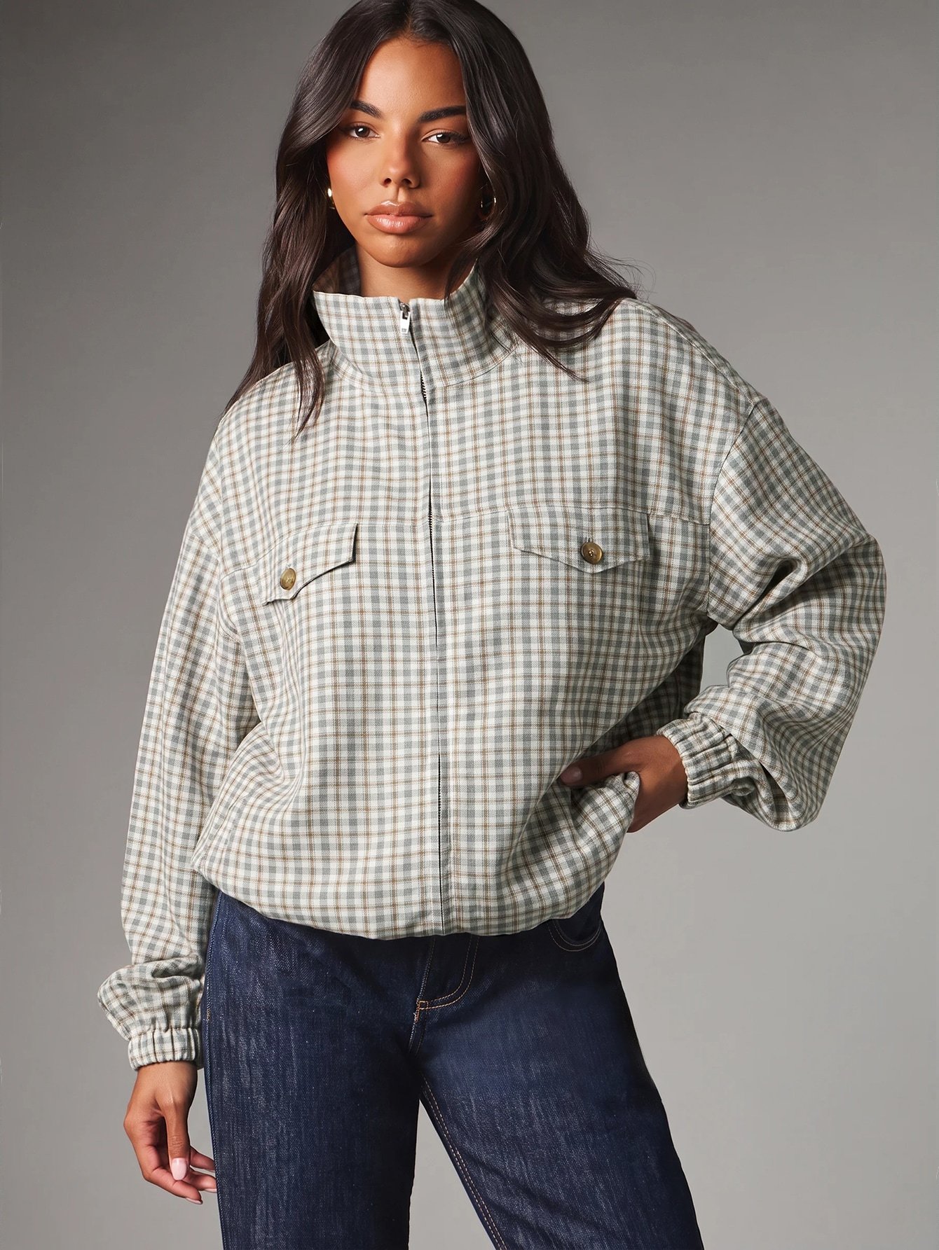 Blouson Bomber À Carreaux Zippé Avec Ourlet Élastique