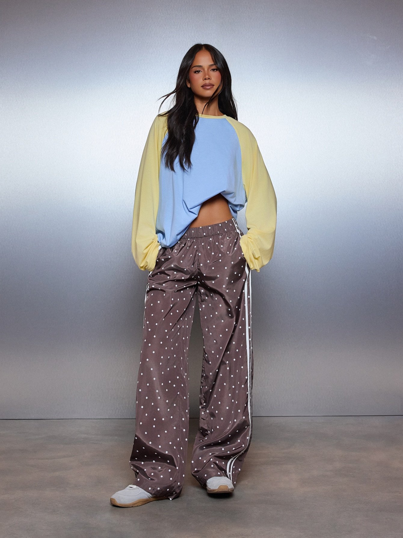 Polka dot wide leg trousers with side stripe