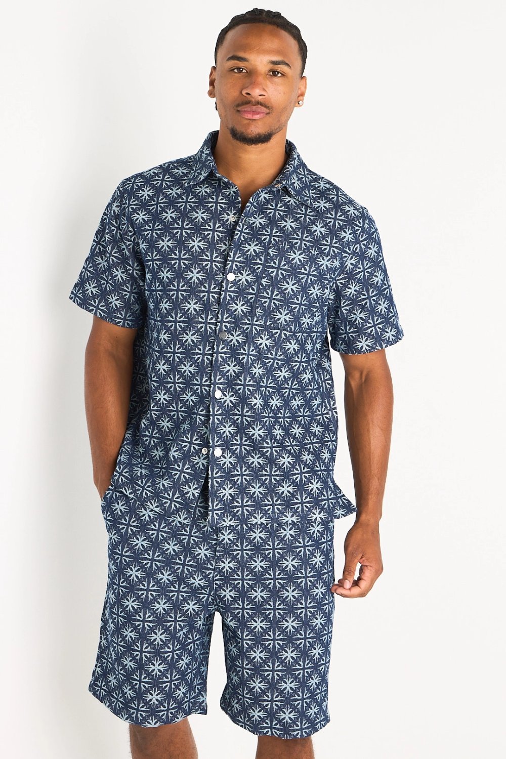 Dark blue star denim shirt and shorts set