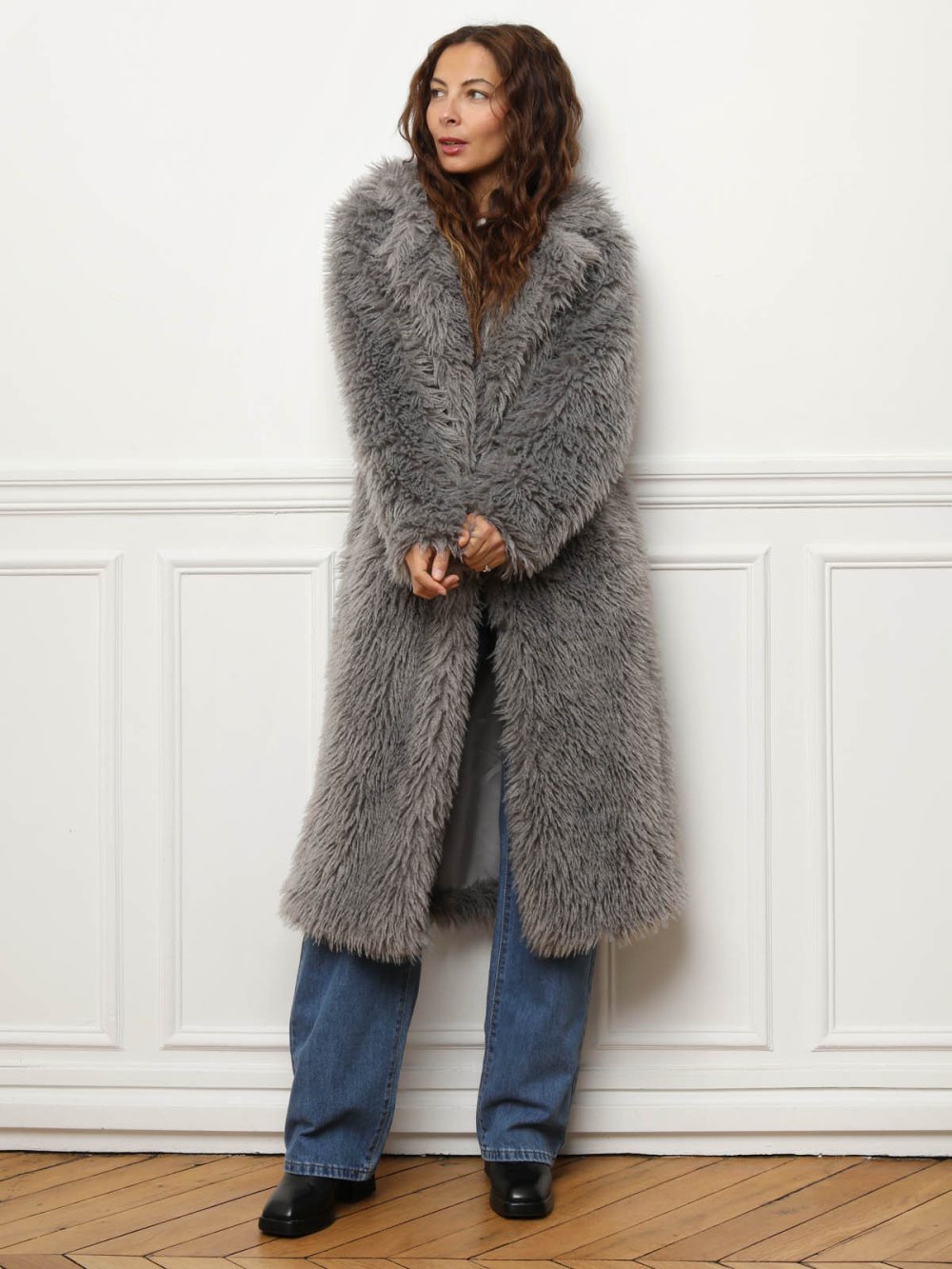 Grey oversized faux fur coat