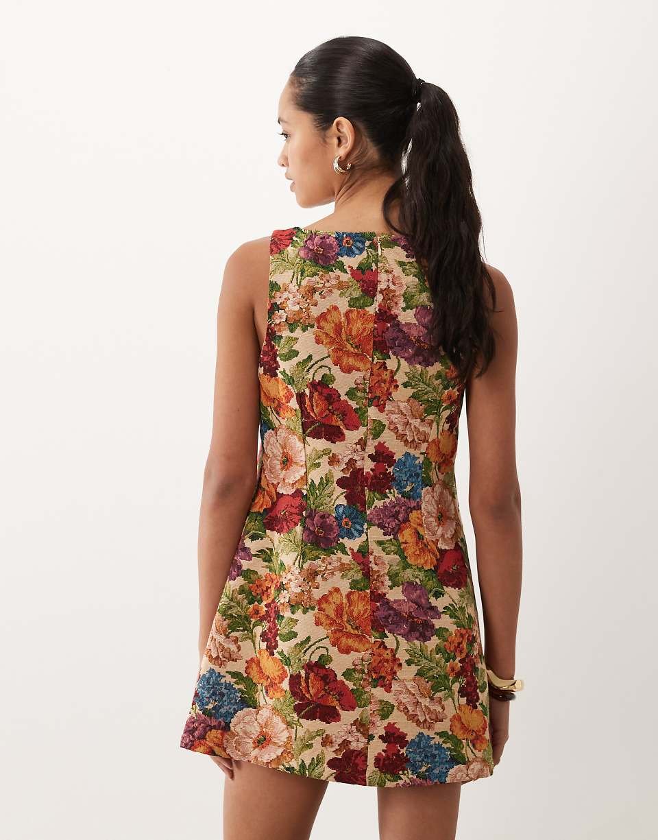Tapestry mini dress with boat neck