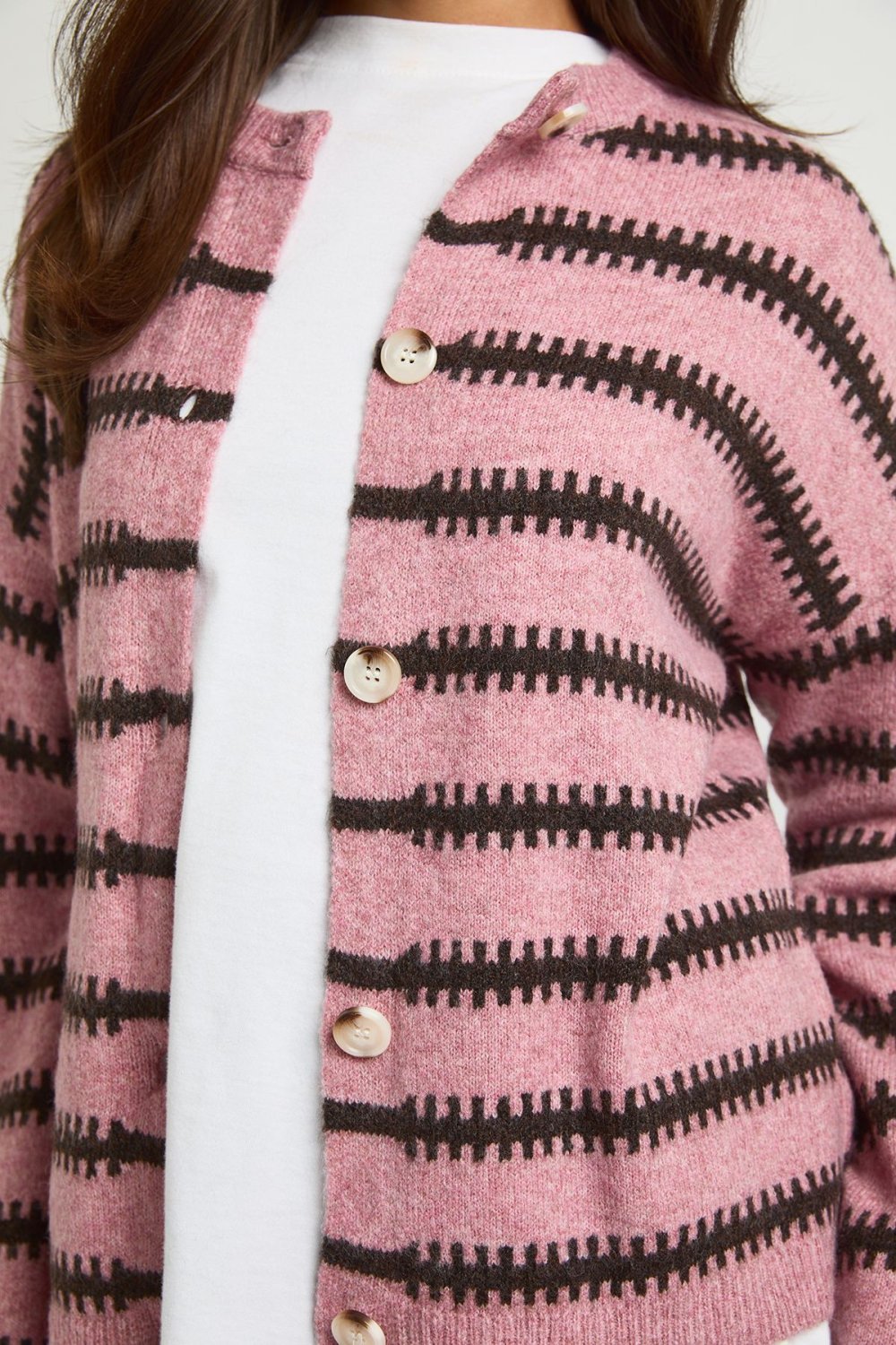 Pink cardigan with chocolate stripes