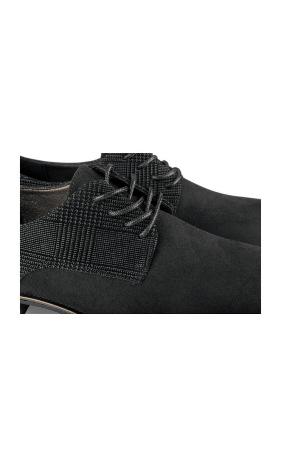 Black faux suede derbies with check panel