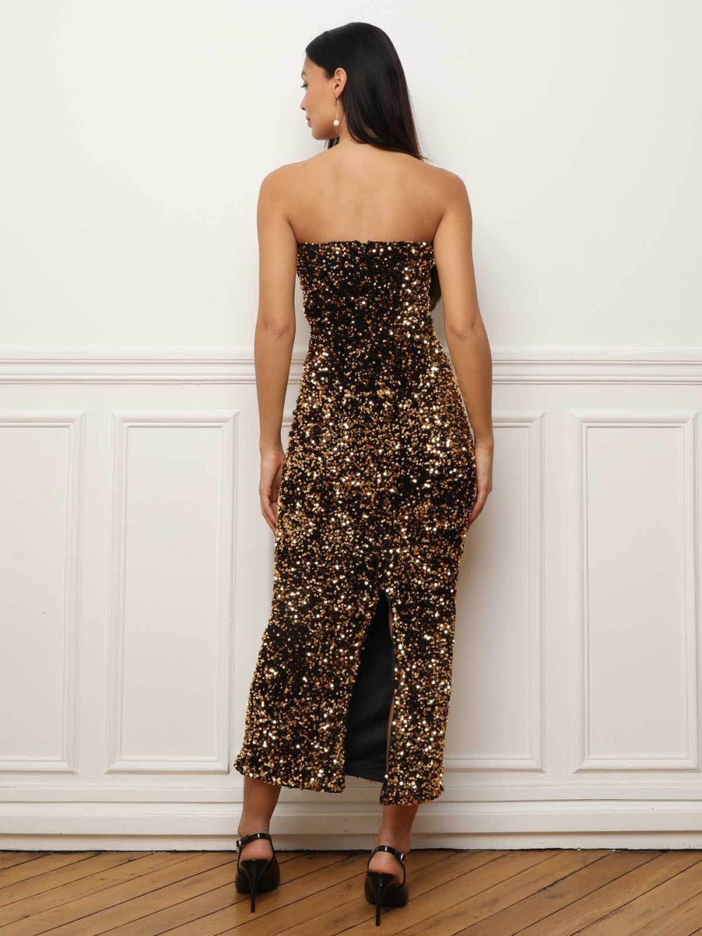 Gold strapless sequin maxi dress