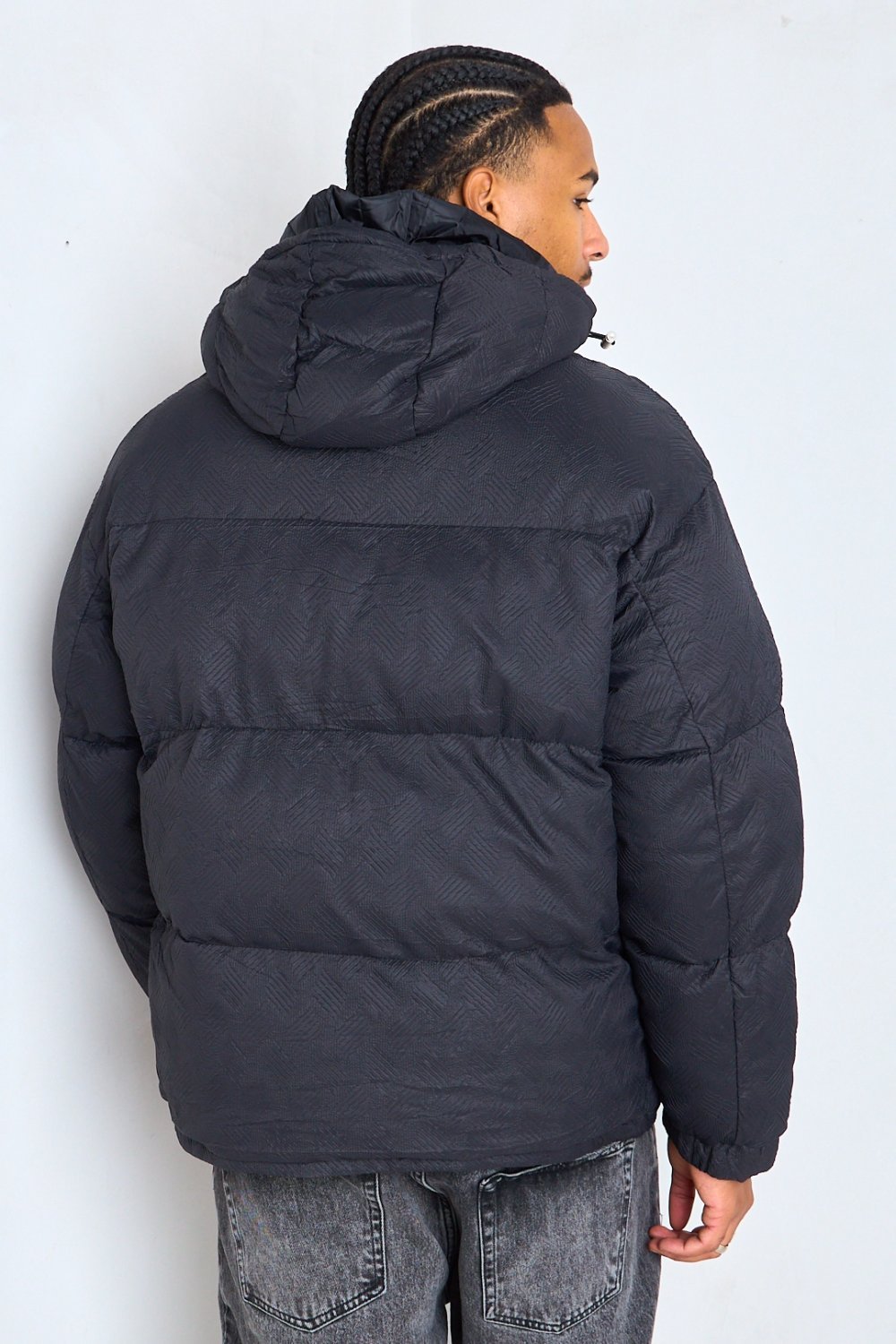 Black textured hooded puffer jacket