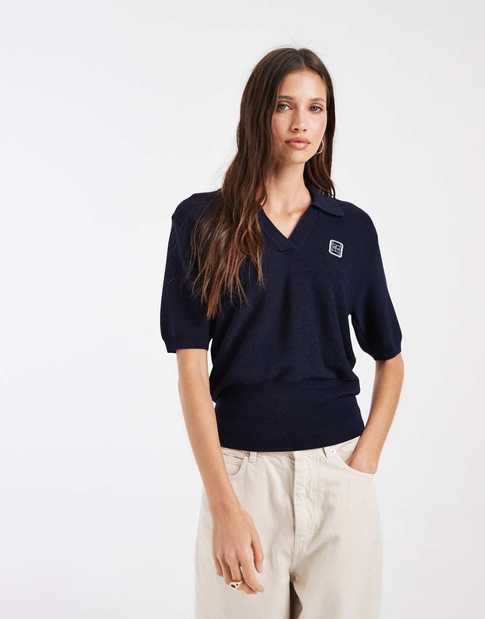 Polo en maille col V bleu marine
