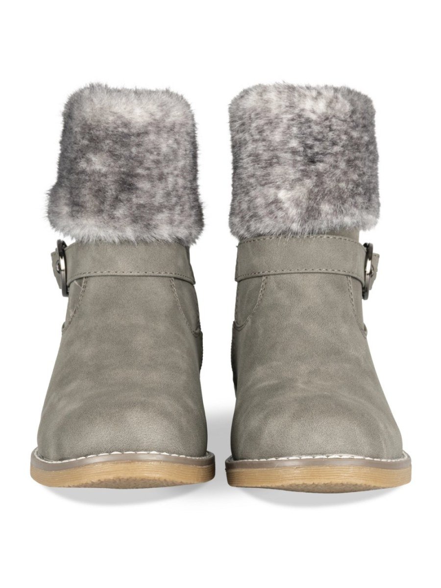 Grey faux fur cuff boots with buckle