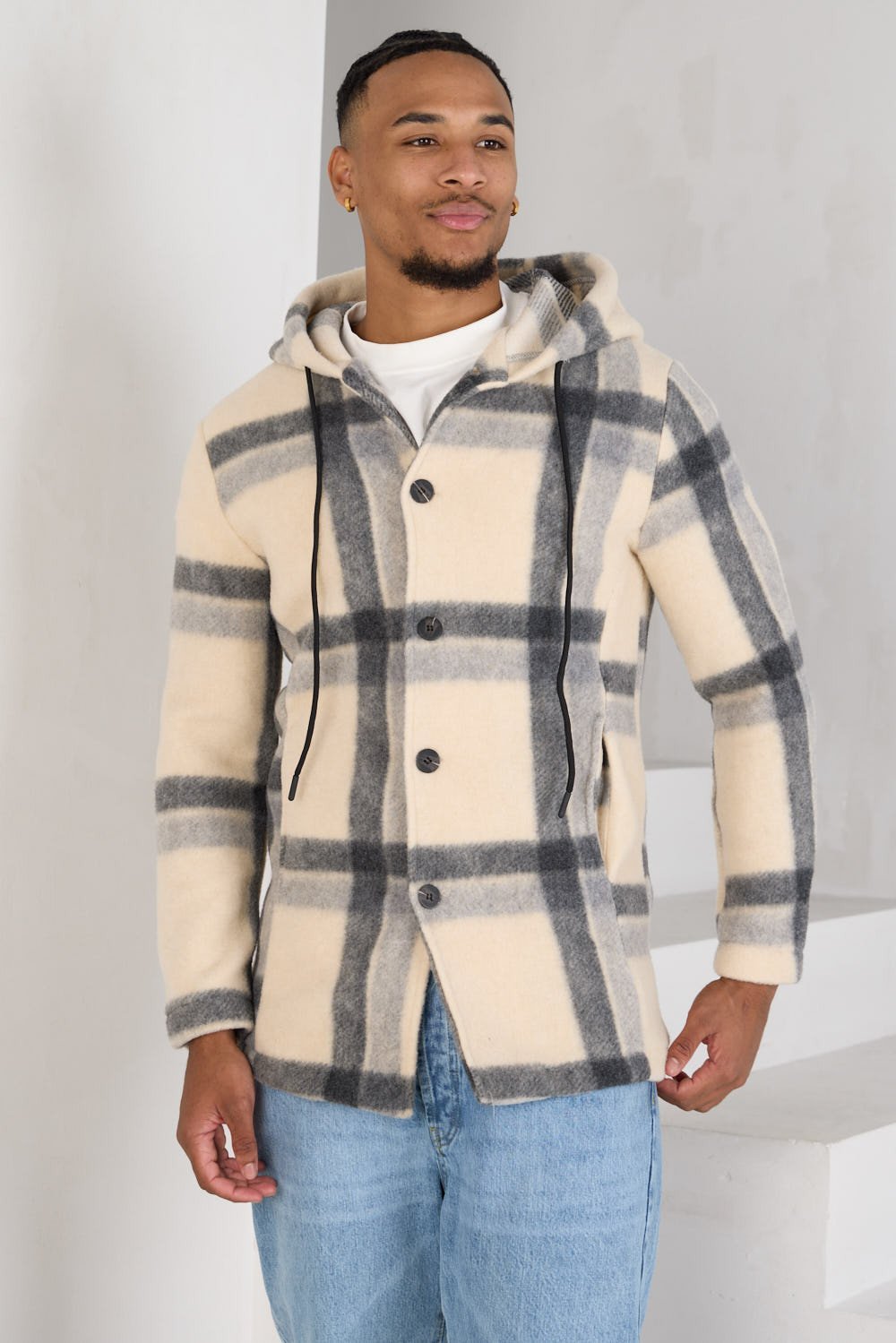 Ecru fleece jacket with grey stripes