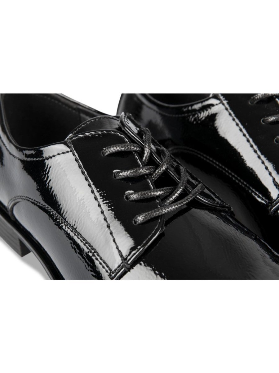 Black patent low-heel derbies