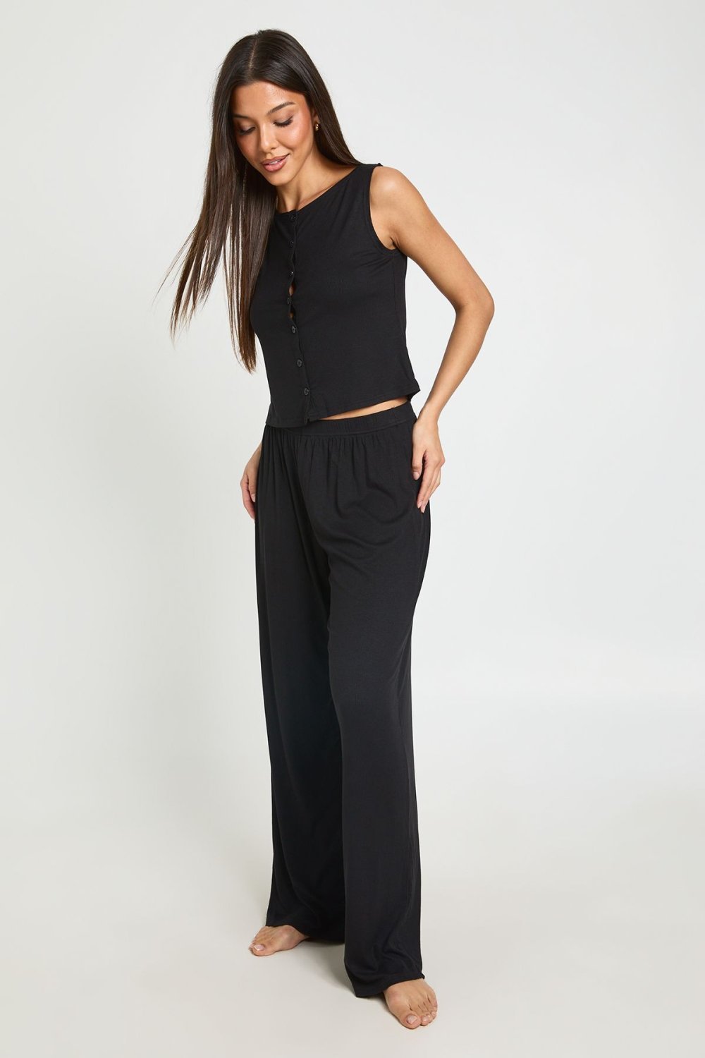 Black ribbed shirt and trouser pyjama set