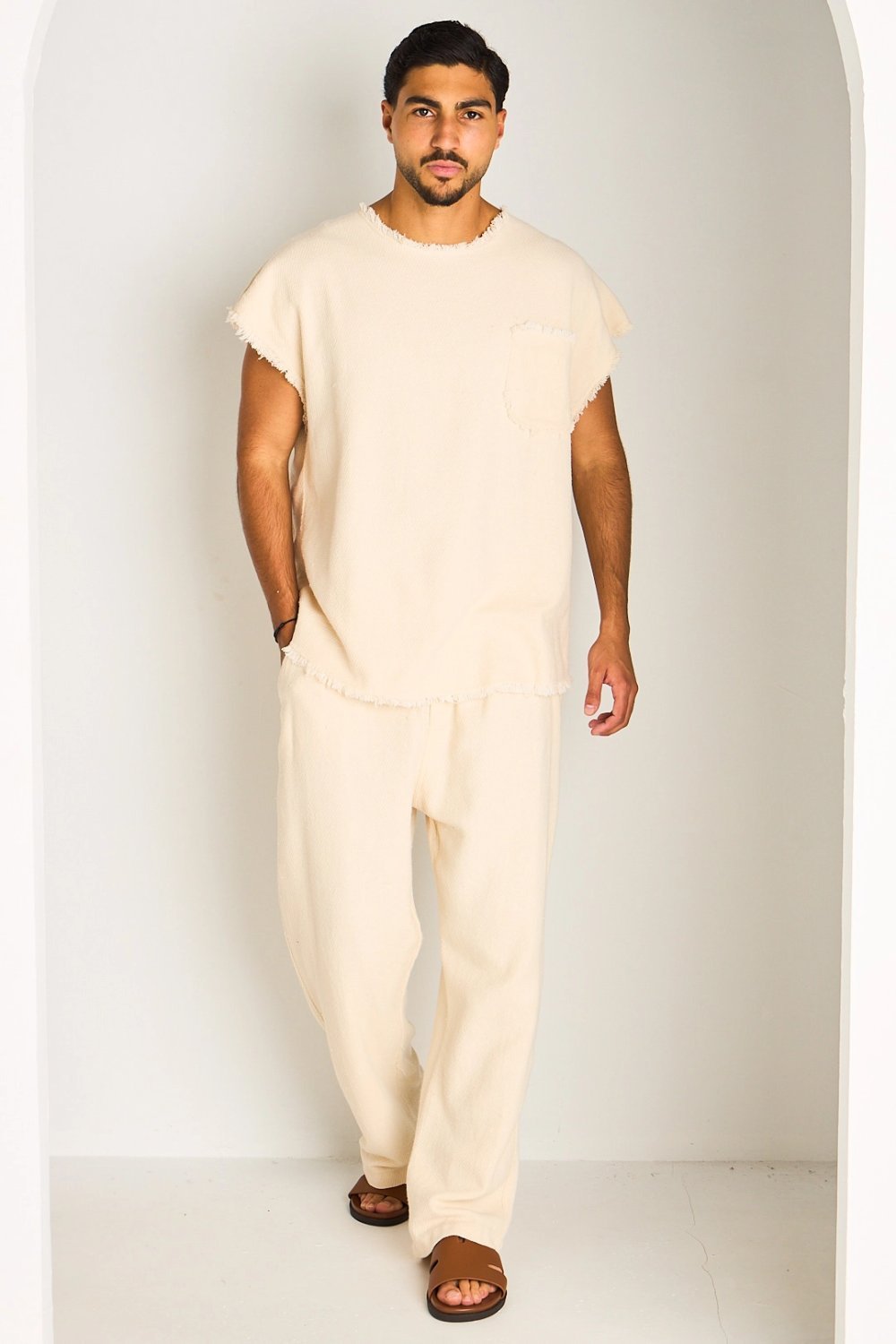 Ensemble débardeur w pantalon effiloché beige