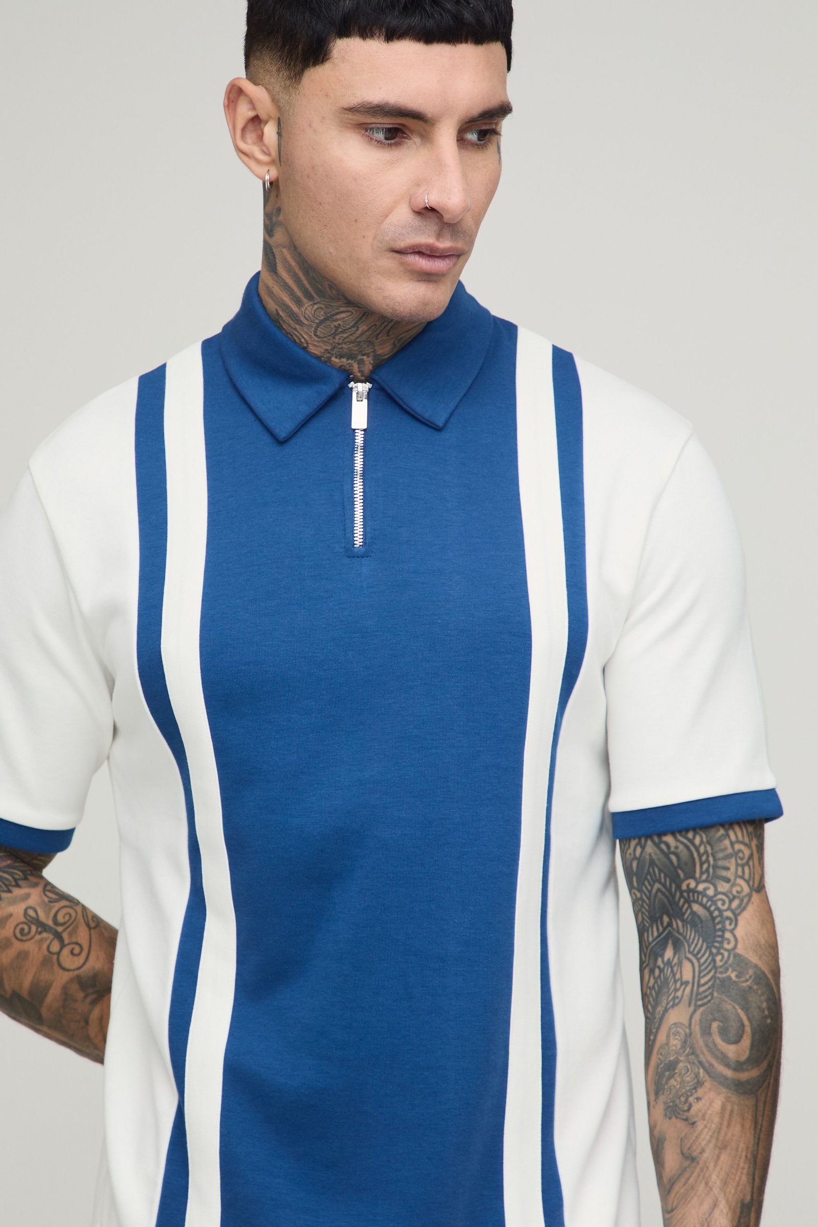 Polo interlock col zippé à empiècements - Tall