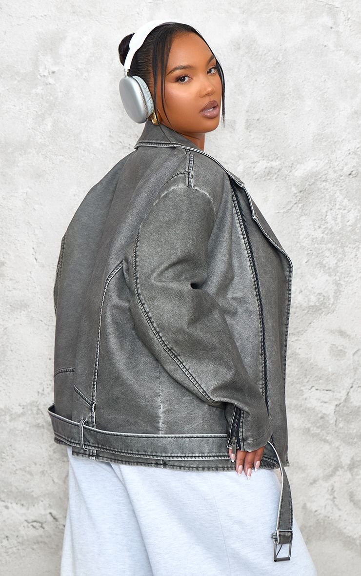 Plus Distressed PU Leather Longline Biker Jacket