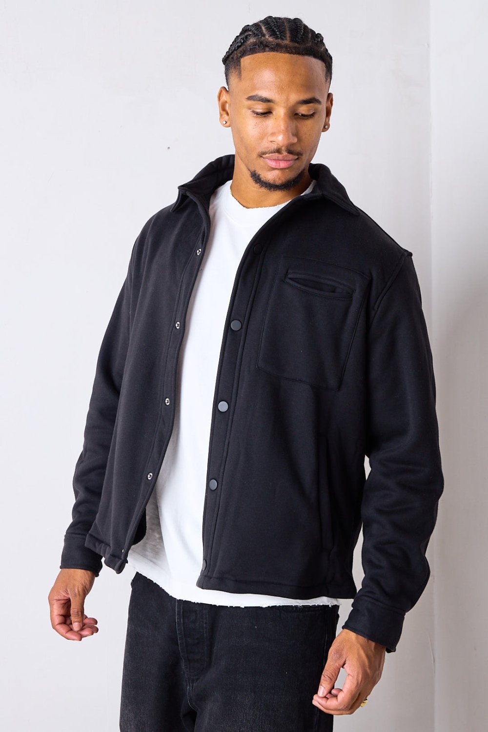 Black fleece-lined overshirt jacket