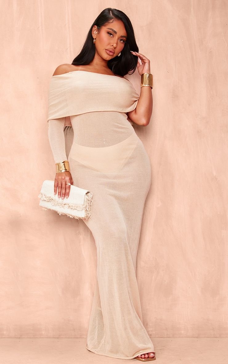 Shape Asymmetric Sheer Knit Maxi Dress With Draped Neckline