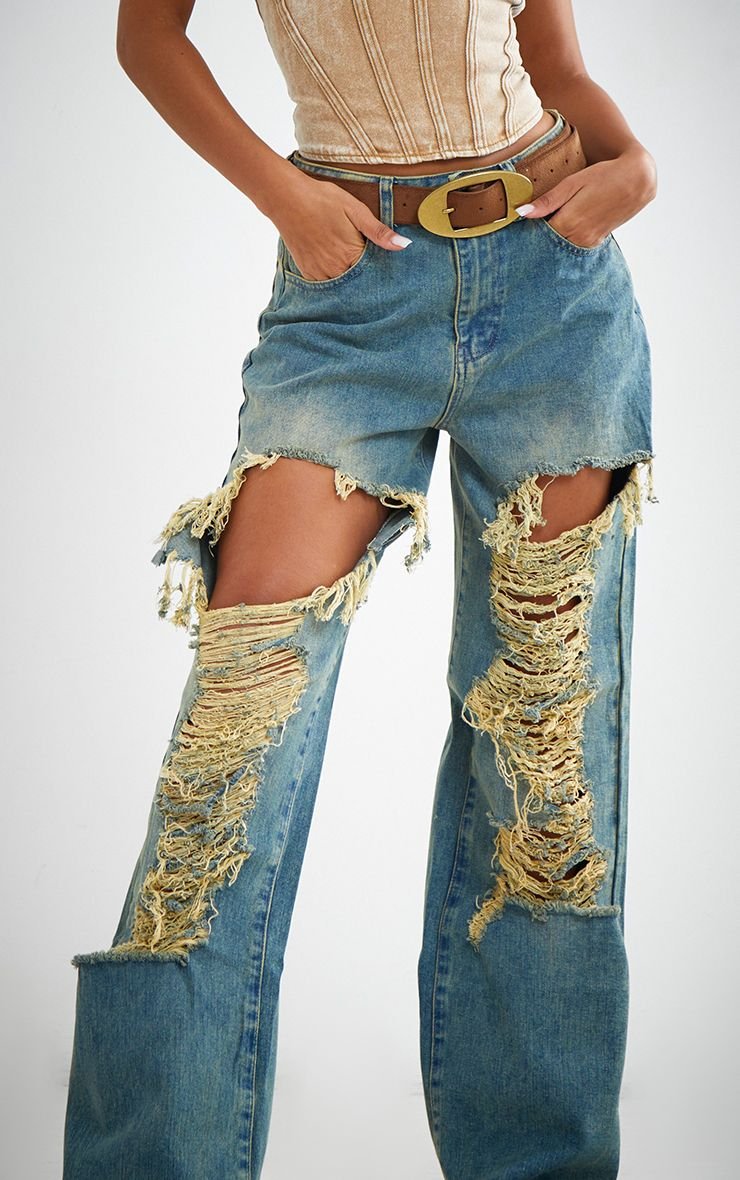 Extreme ripped front straight leg jeans
