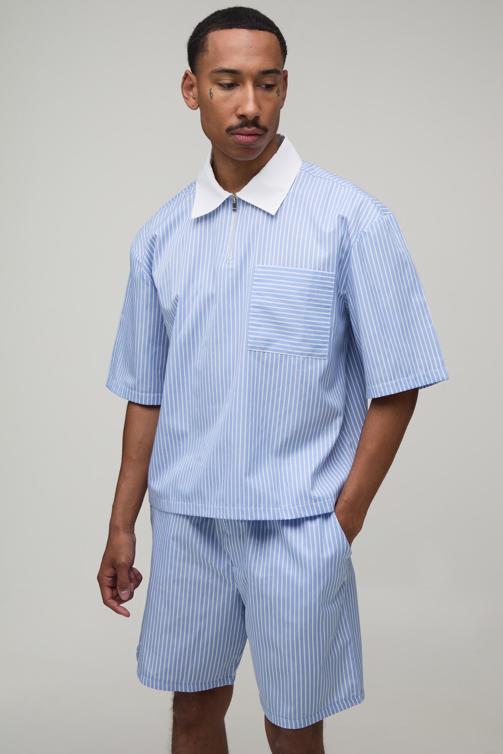 Ensemble Chemise Col Contrasté À Zip 1/4 Et Short