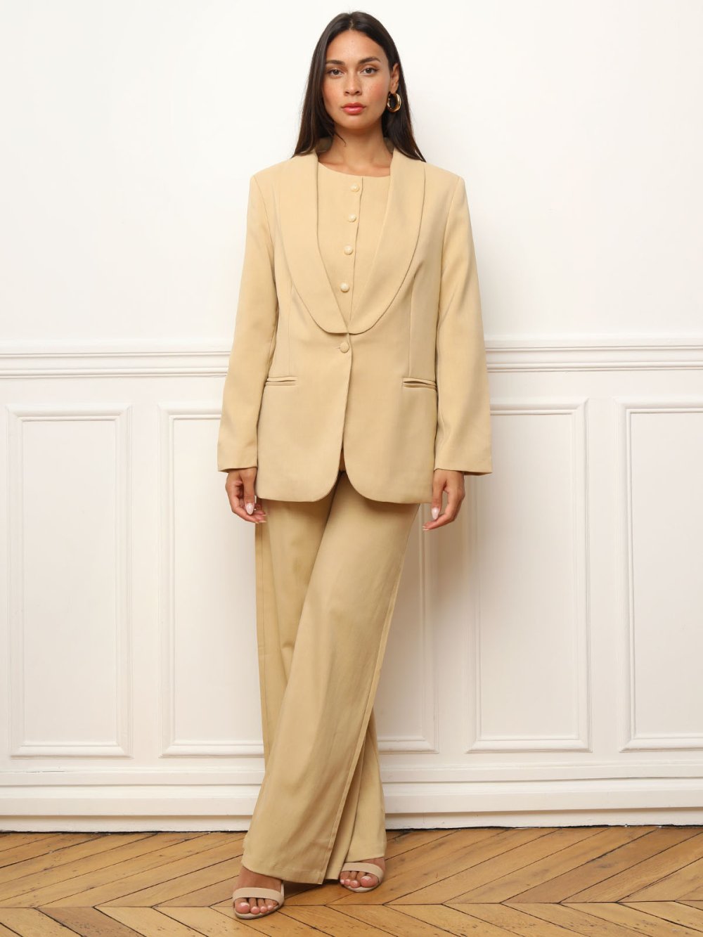 Pantalon costume wide leg beige