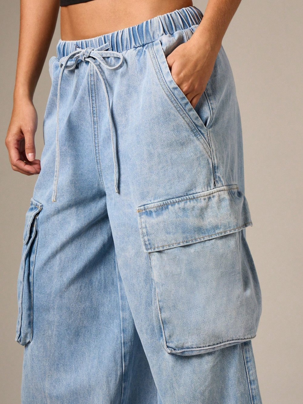 Mid blue cargo jeans with elasticated waist