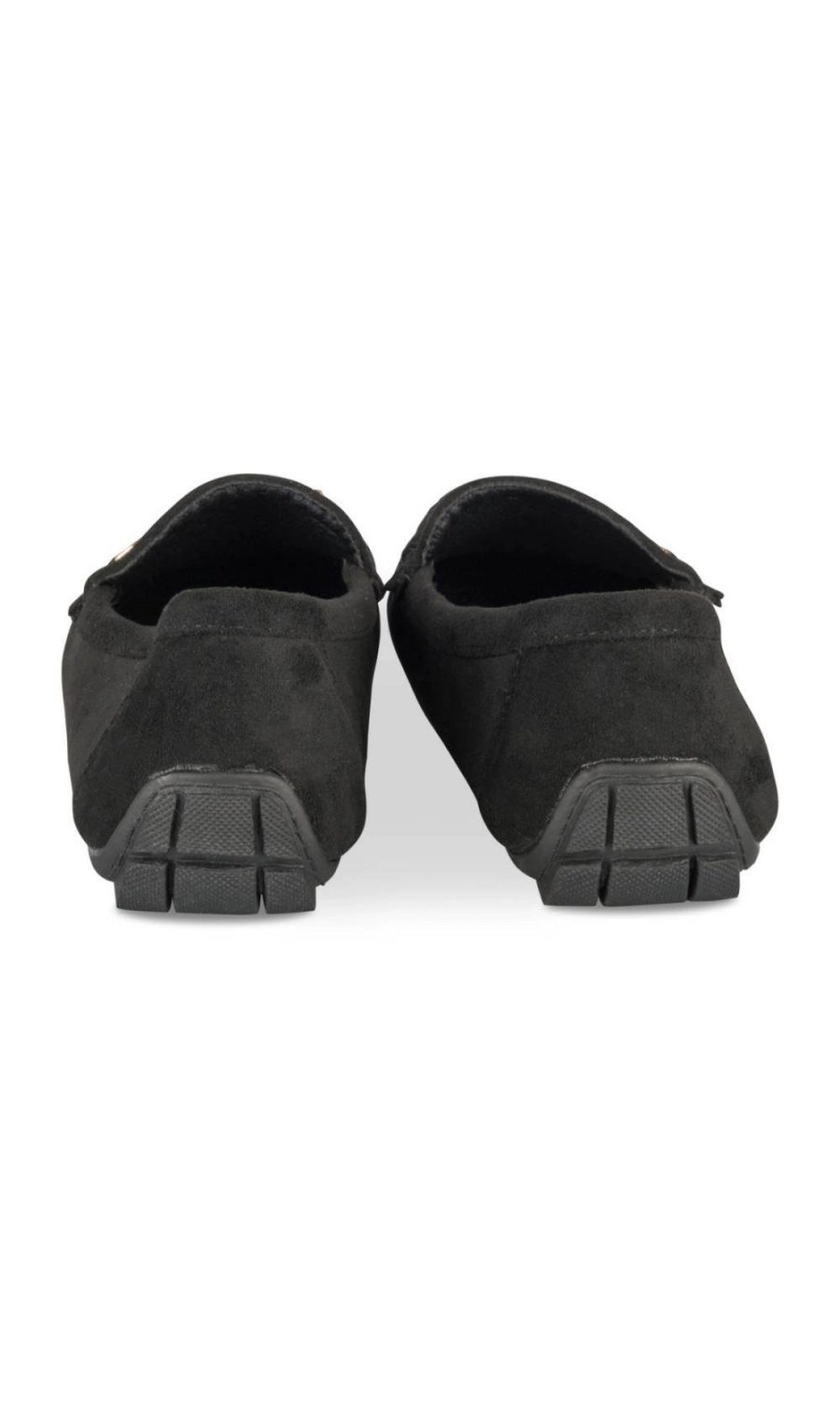 Black faux suede loafers, gold horsebit