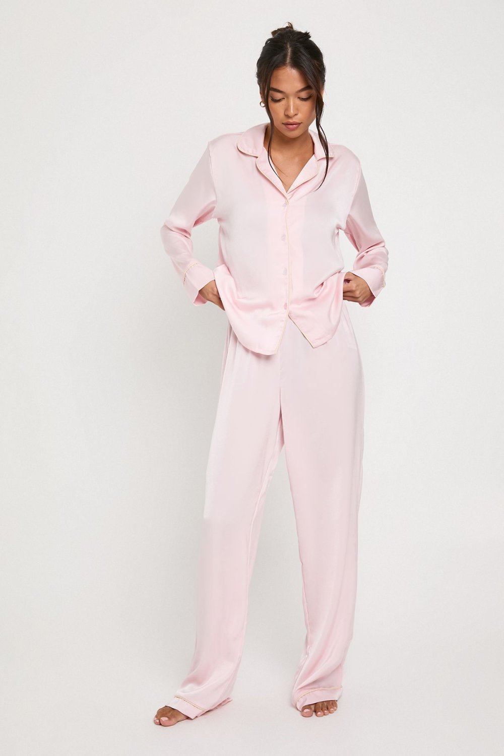 Light pink satin shirt and trouser pyjama set