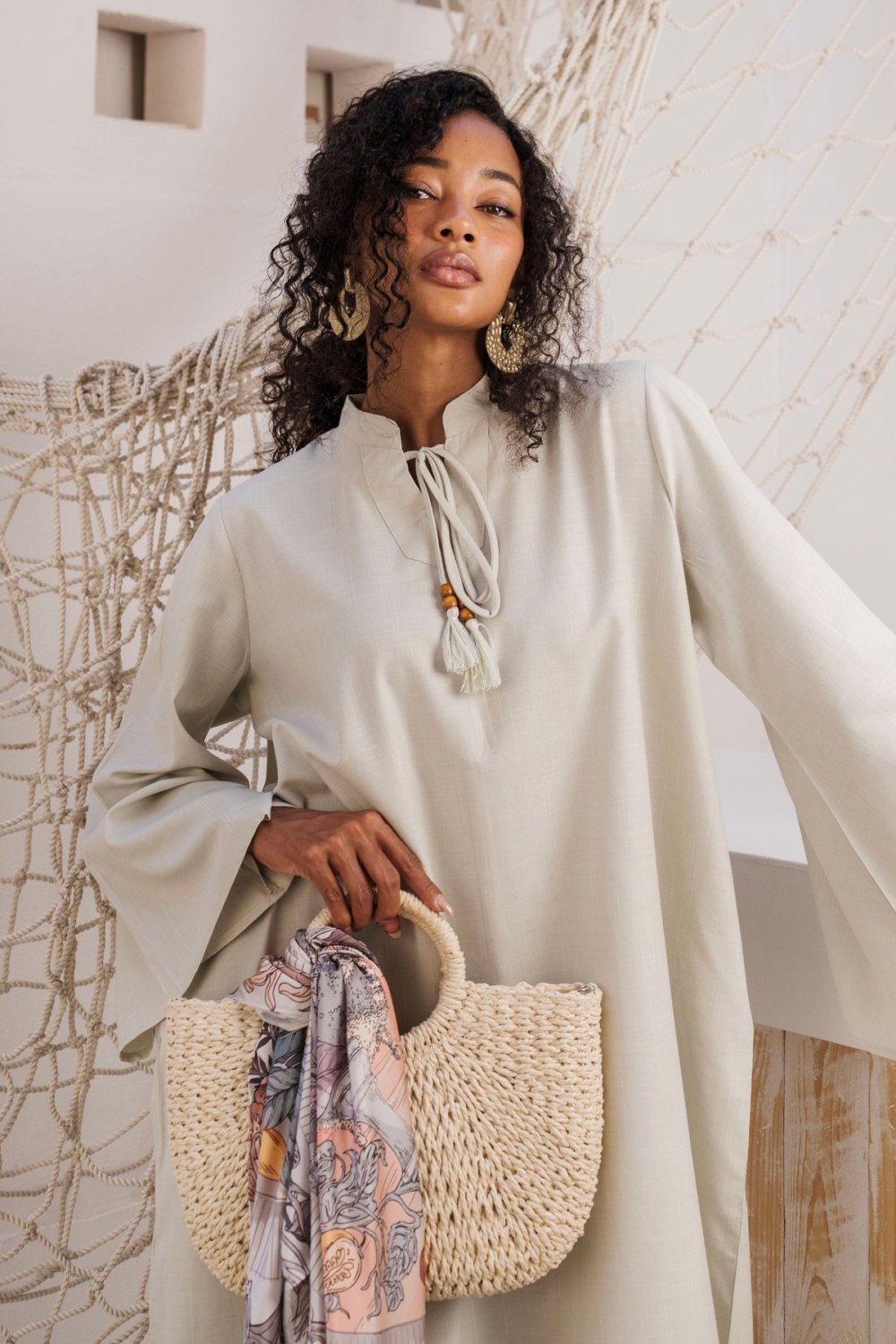 Beaded tassel abaya - Pale sage