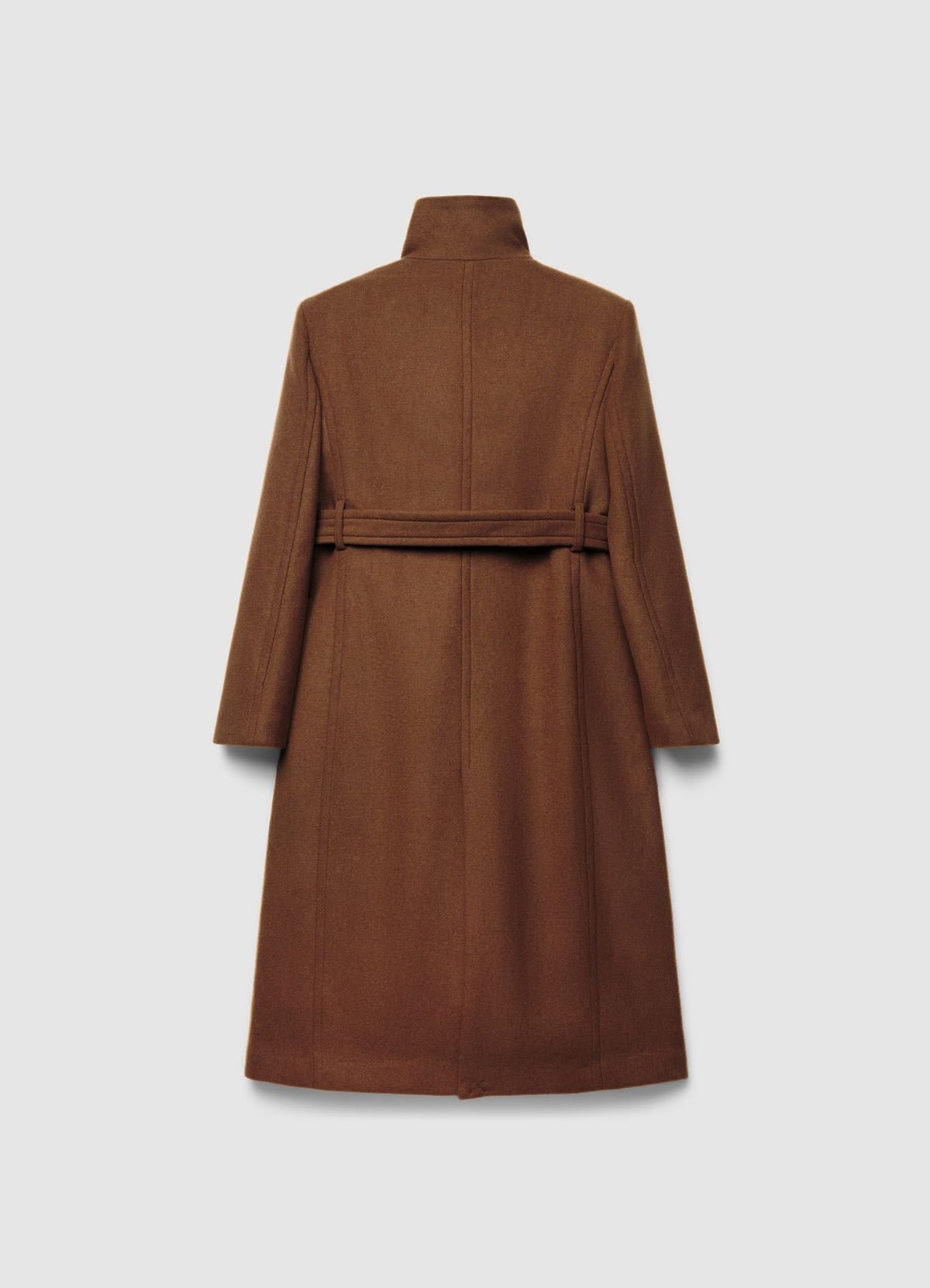 Long funnel-neck belted coat