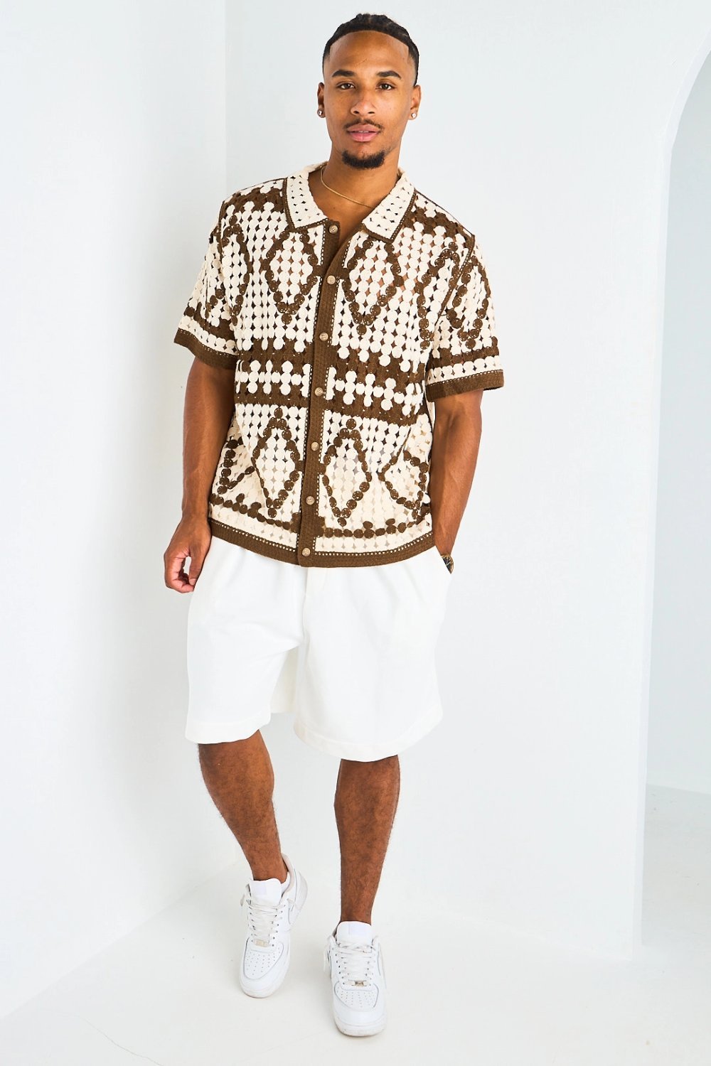 Chemise en crochet ajourée à losanges marron