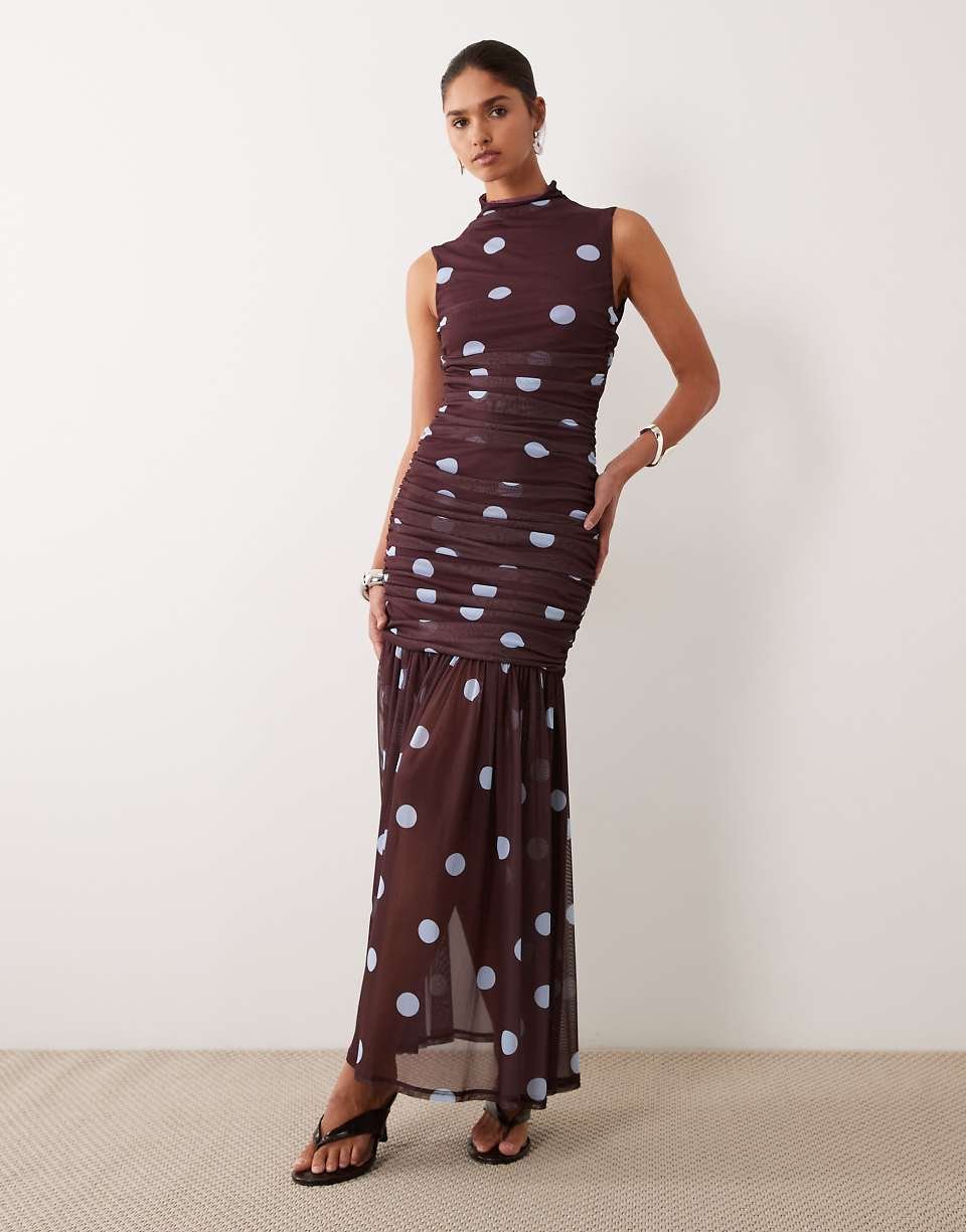 Robe froncée b pois, taille basse w col montant - Bordeaux