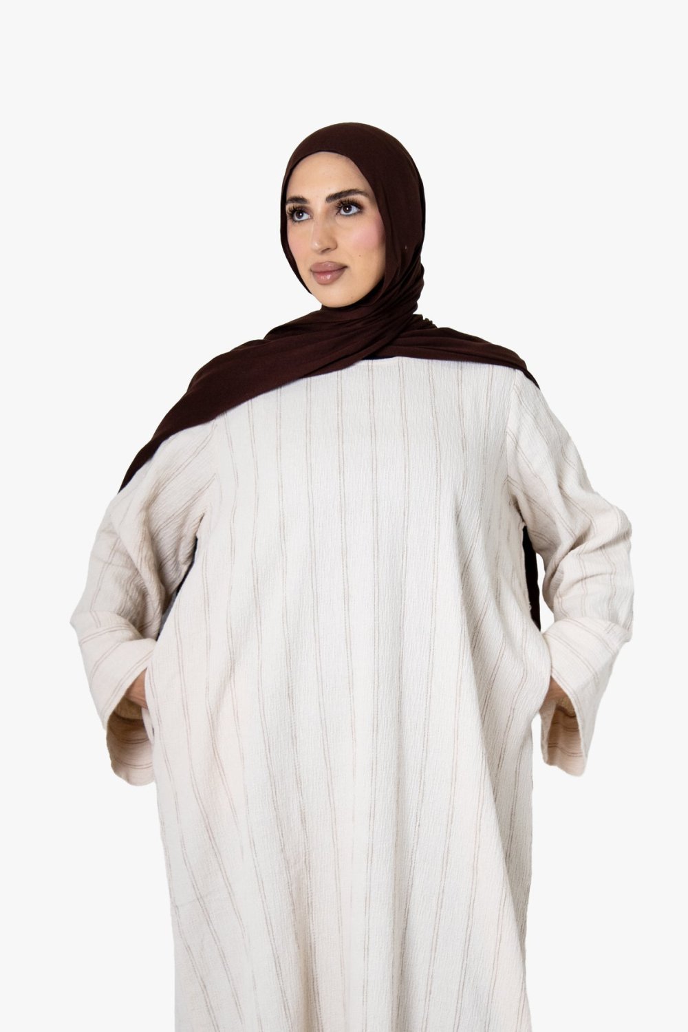 عباية كيمونو قطنية مخططة - أبيض عاجي